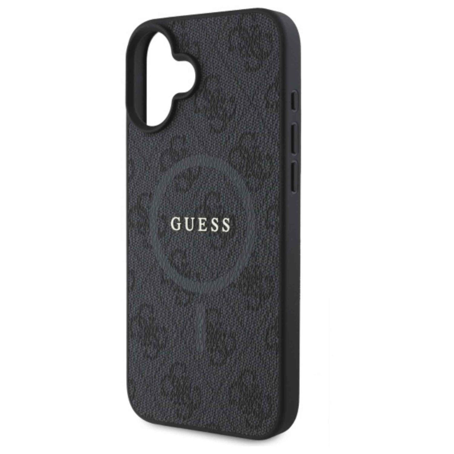 Custodia nera per telefono con logo Guess. La custodia è nera con motivo strutturato e logo circolare.
