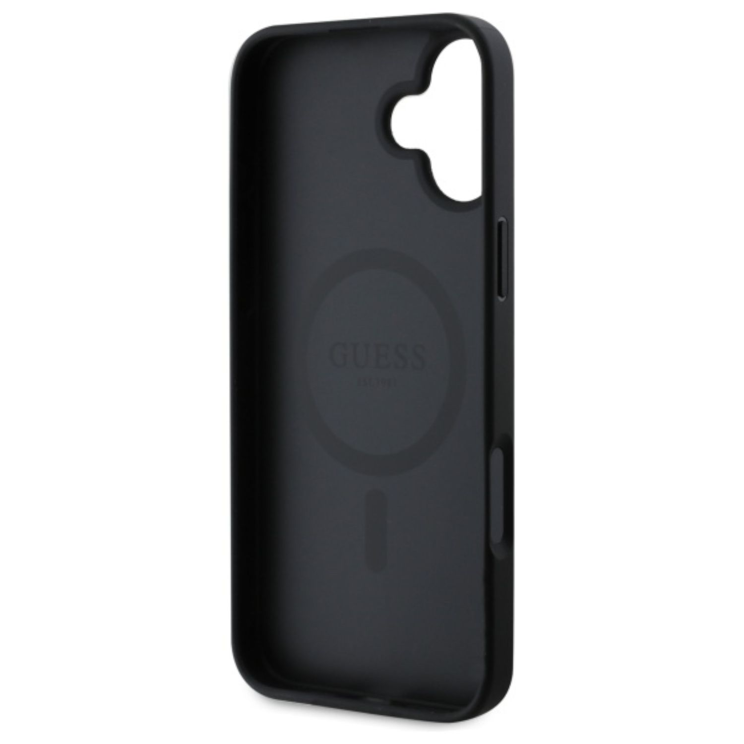 Custodia per telefono Guess nera con logo Guess. C'è spazio per la fotocamera e i pulsanti.