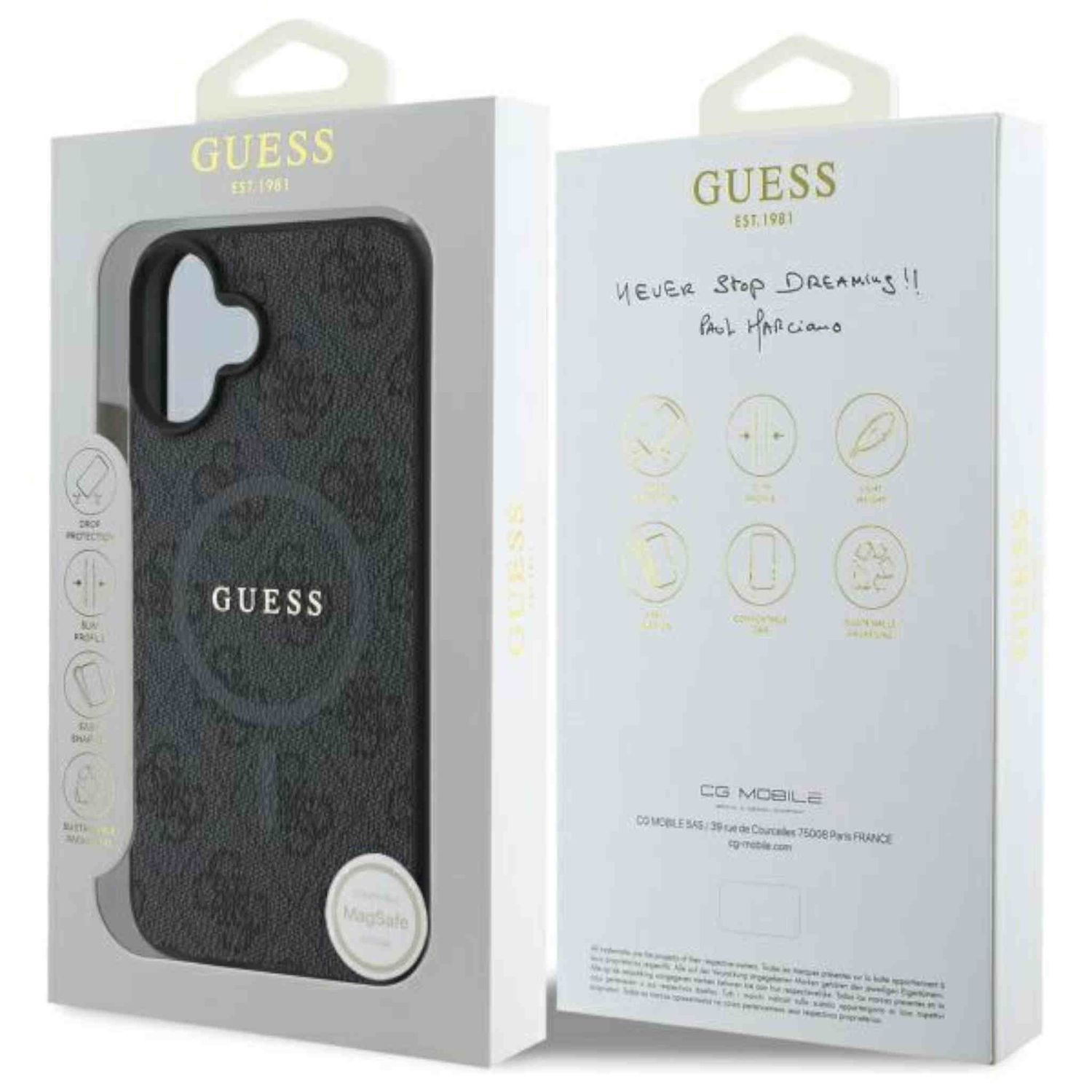 Custodia per telefono Guess nera nella sua scatola. La scatola ha un logo Guess e testo. La custodia è visibile.