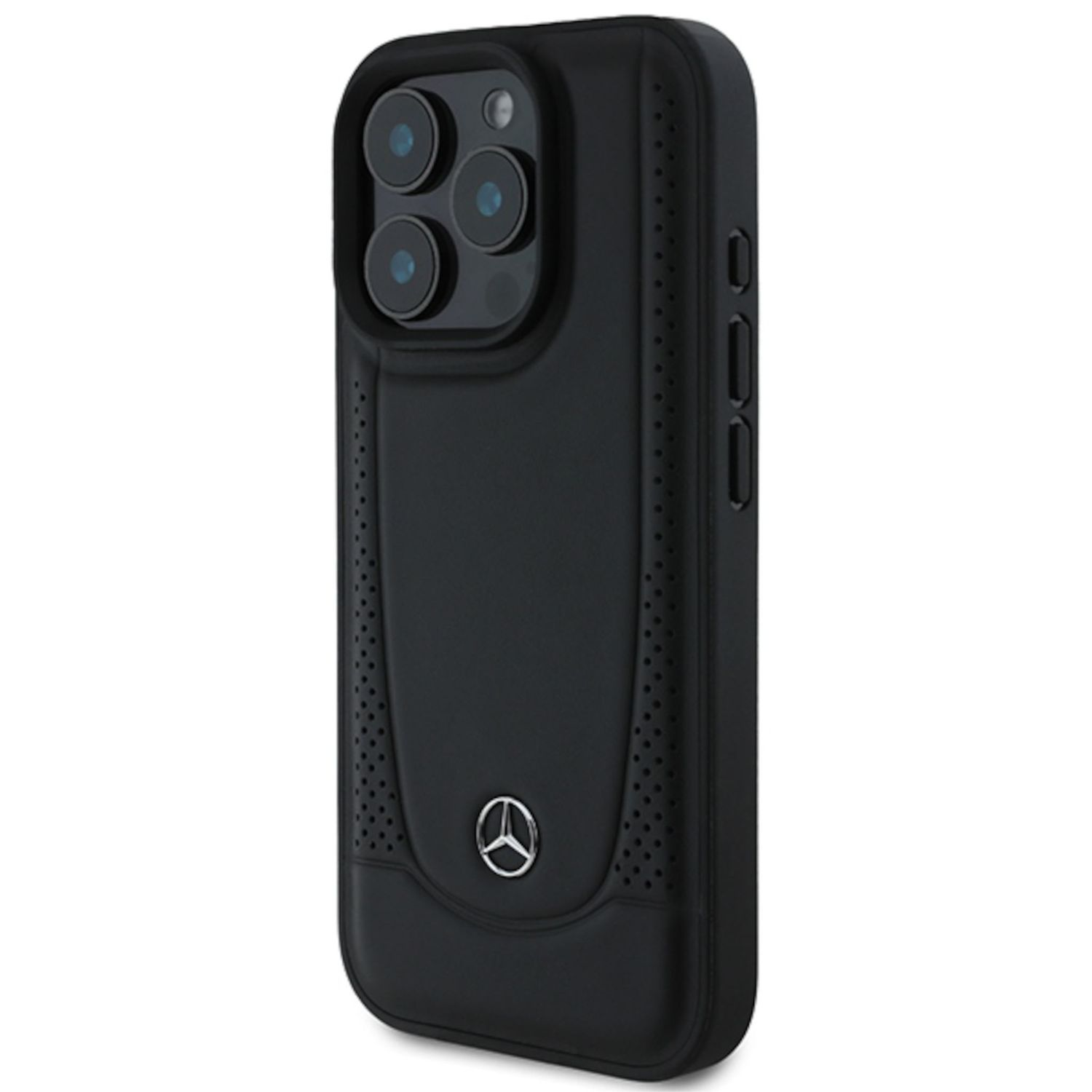 Custodia nera per iPhone con logo Mercedes. La custodia ha un retro strutturato e un design perforato.