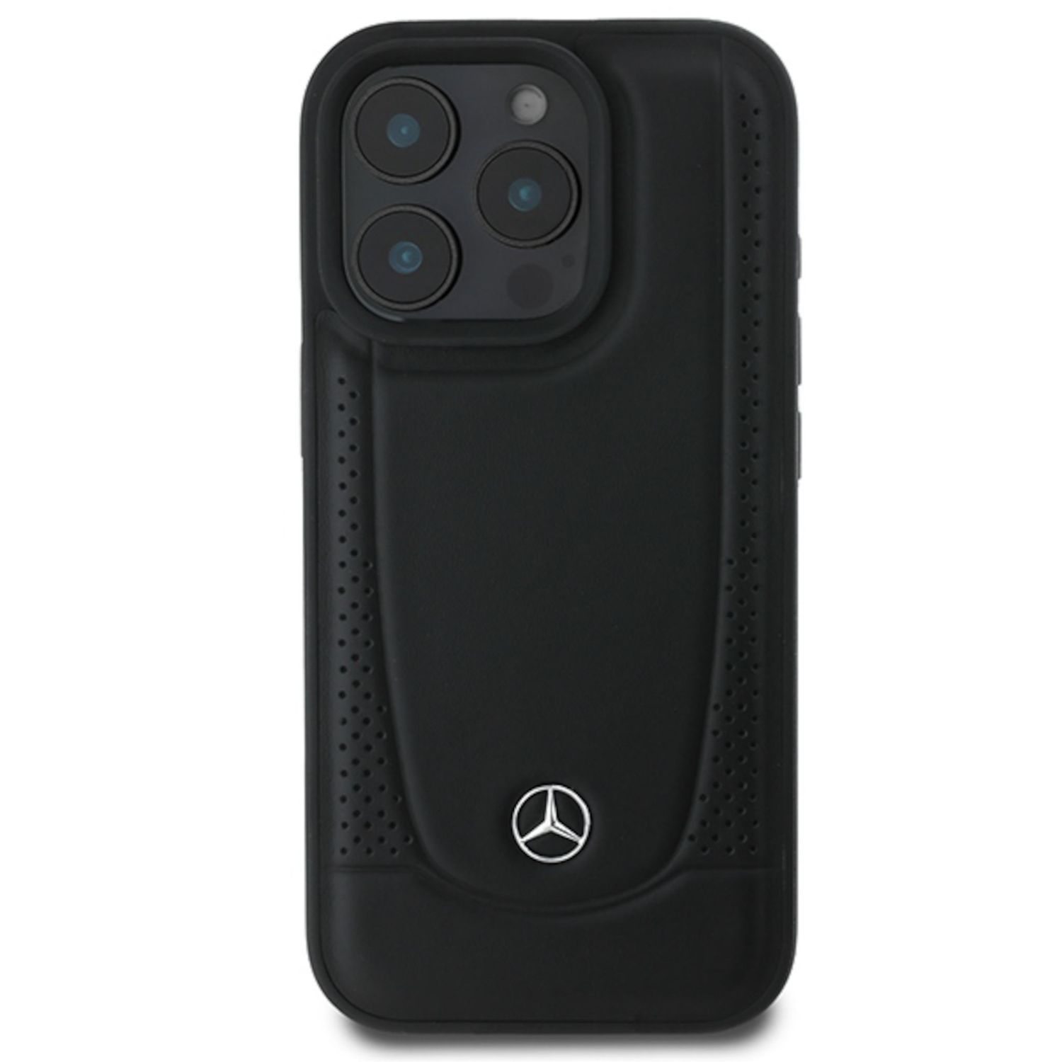 Custodia per telefono Mercedes-Benz nera. Ha un ritaglio per la fotocamera. Il logo Mercedes è visibile.