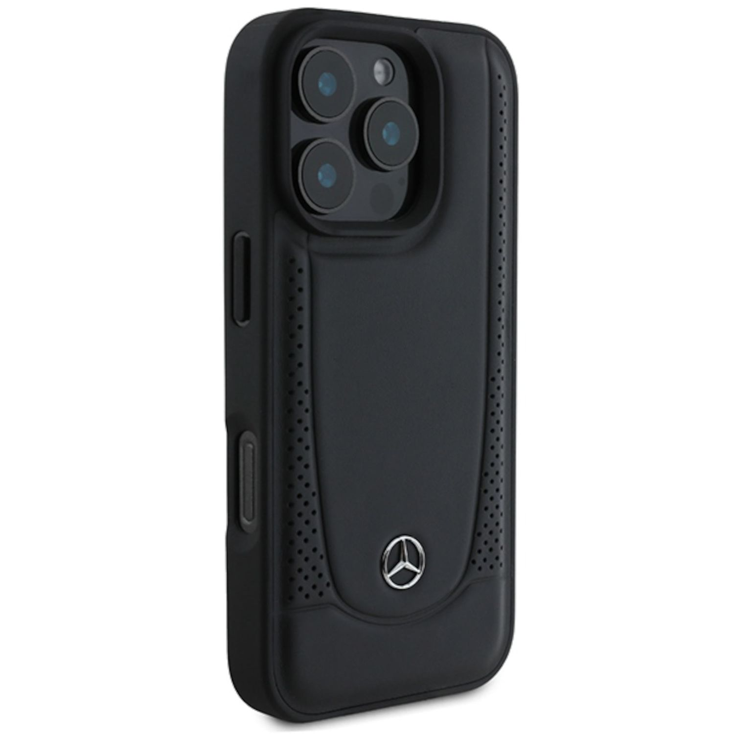 Custodia nera per iPhone con logo Mercedes. La custodia è nera con superficie strutturata e design perforato.
