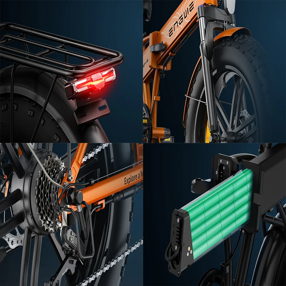 Primo piano di una bici elettrica, che mostra i dettagli della luce posteriore, della ruota e della batteria.