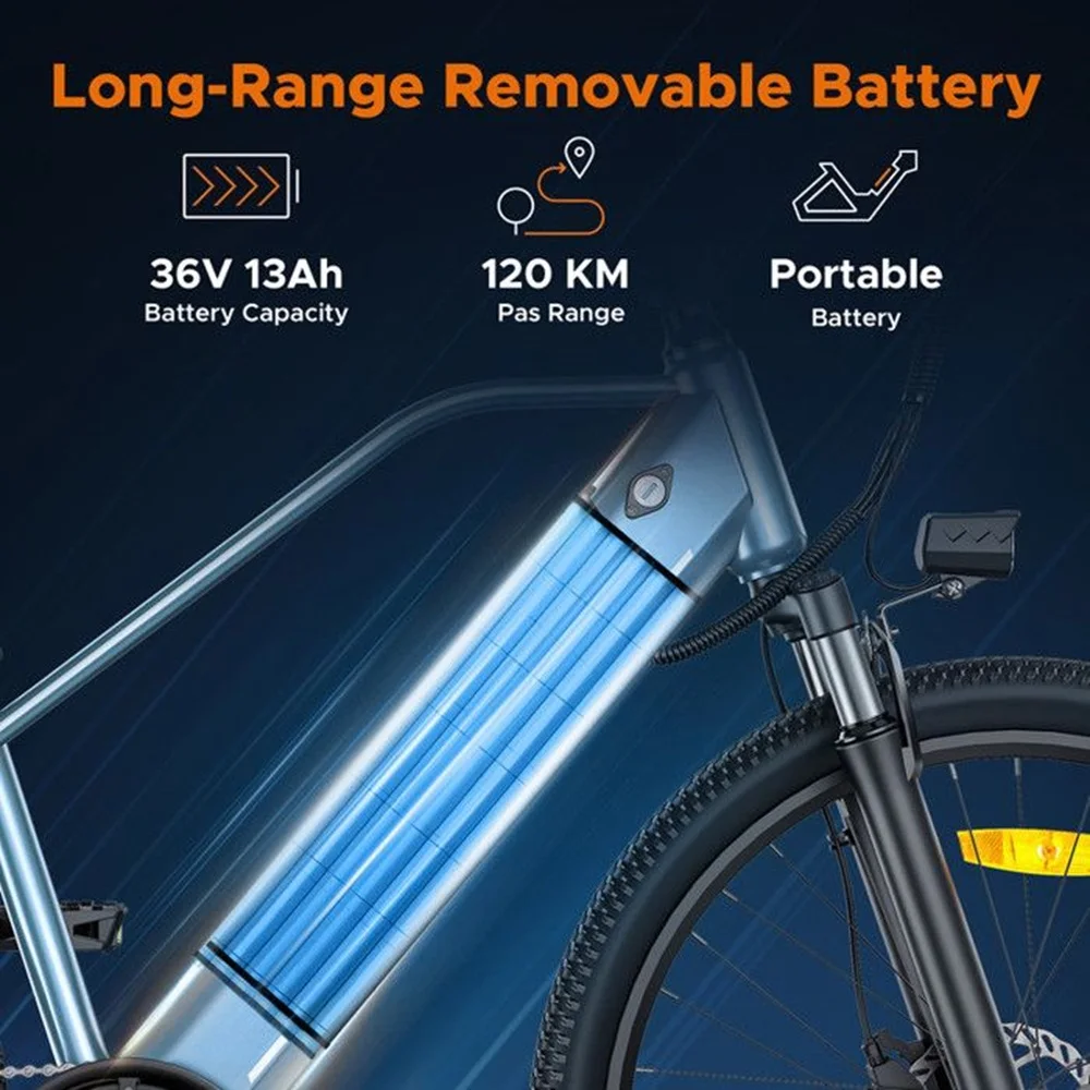 Primo piano di un telaio di bici con batteria rimovibile a lunga autonomia. Visualizza capacità della batteria e autonomia Pas.
