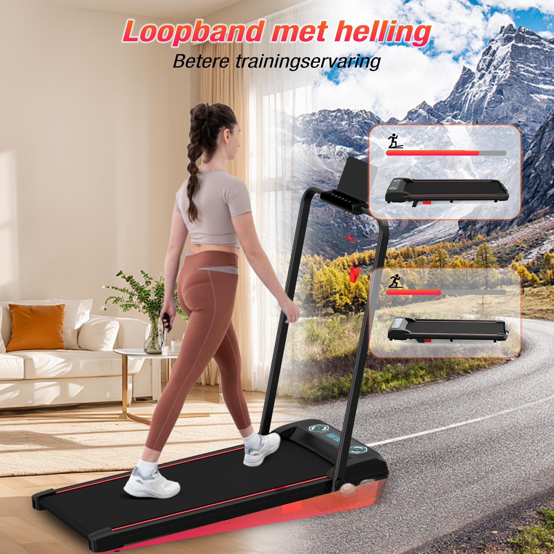 A woman walking on a treadmill. The treadmill is on an incline. The background is a road and mountains.