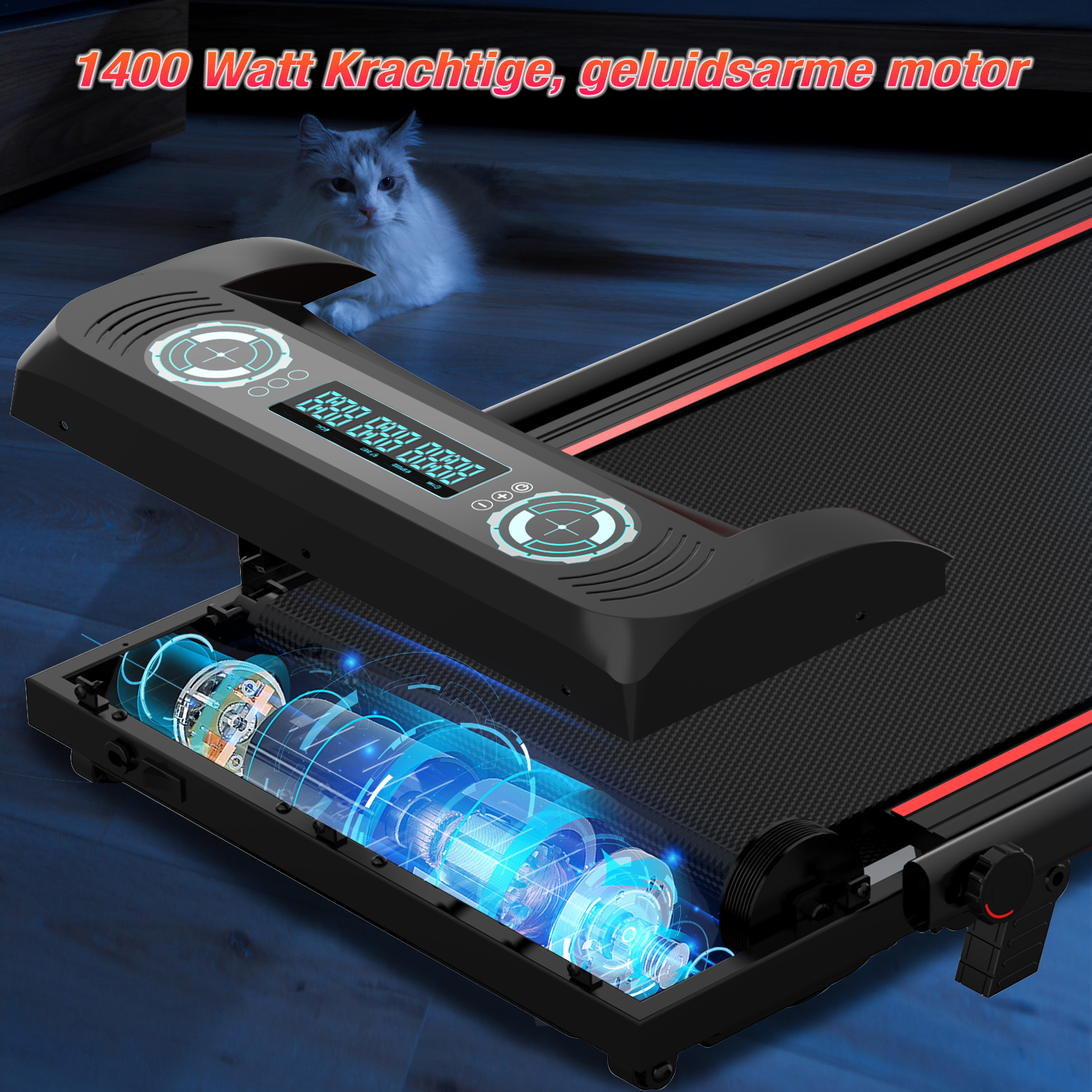 Black treadmill with digital display, red accents, and visible internal motor. A cat rests in the background.