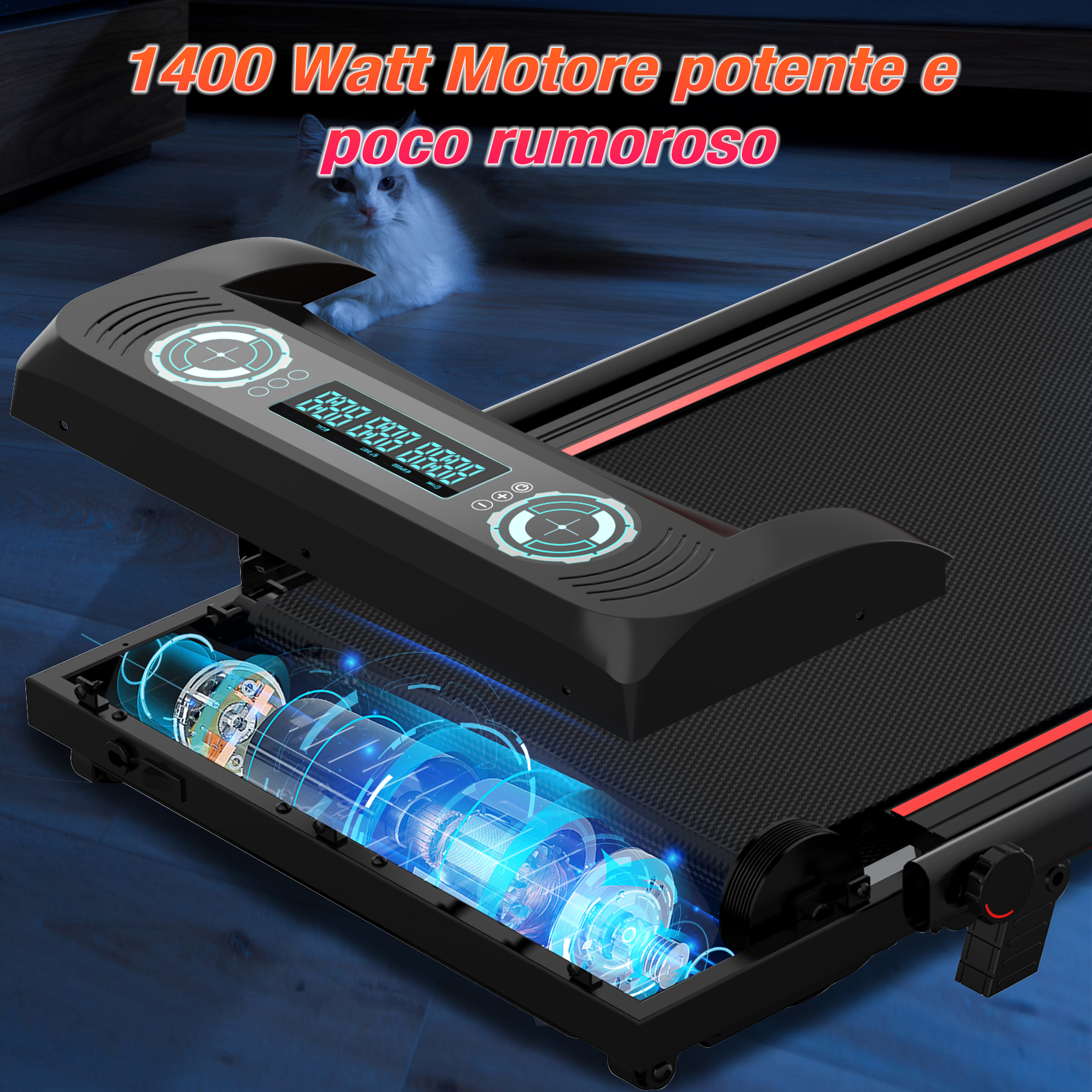 Tapis roulant aperto con grafica del motore e un gatto sullo sfondo.