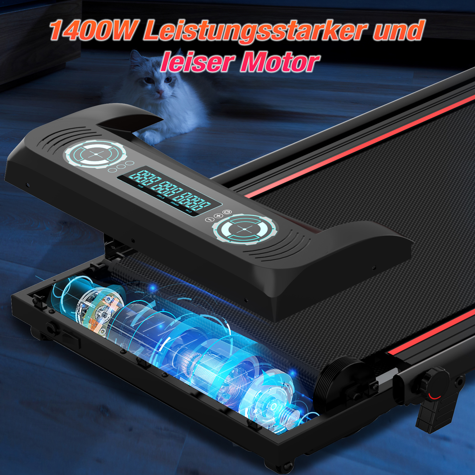 Laufband mit geöffnetem Panel, das Motor und Teile zeigt, Katze im Hintergrund. Laufband ist schwarz und rot mit Digitalanzeige.