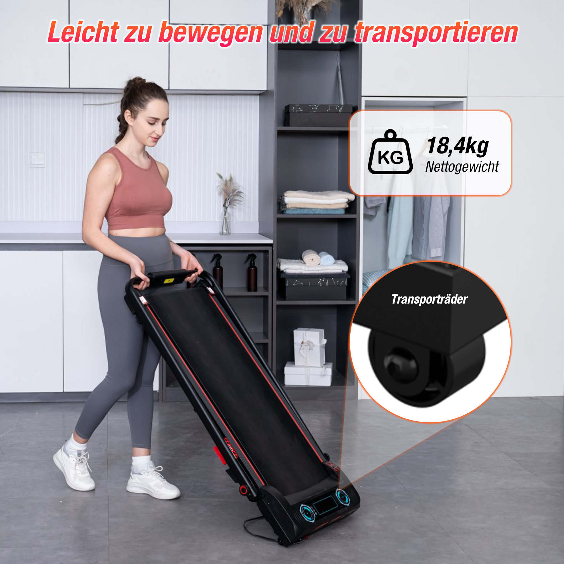 Eine Frau trägt ein schwarzes Laufband. Text sagt, es ist leicht zu bewegen und wiegt 18,4 kg.