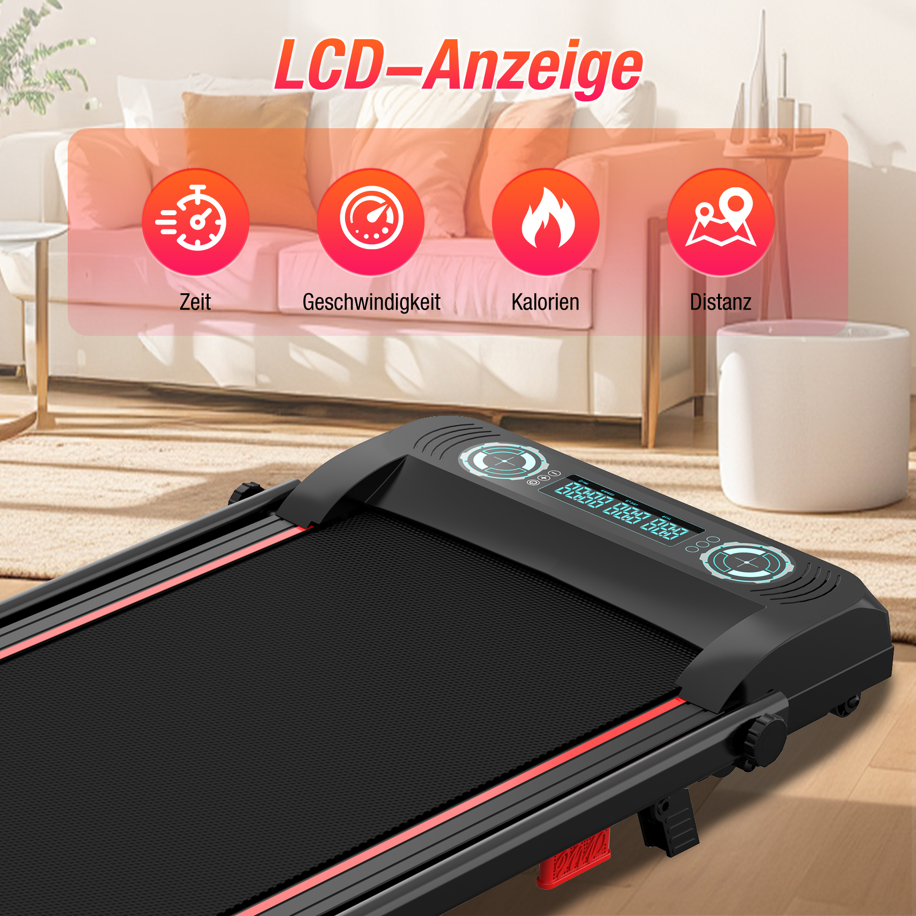 Laufband mit LCD-Anzeige, die Zeit, Geschwindigkeit, Kalorien und Distanz zeigt, mit unscharfem Hintergrund.