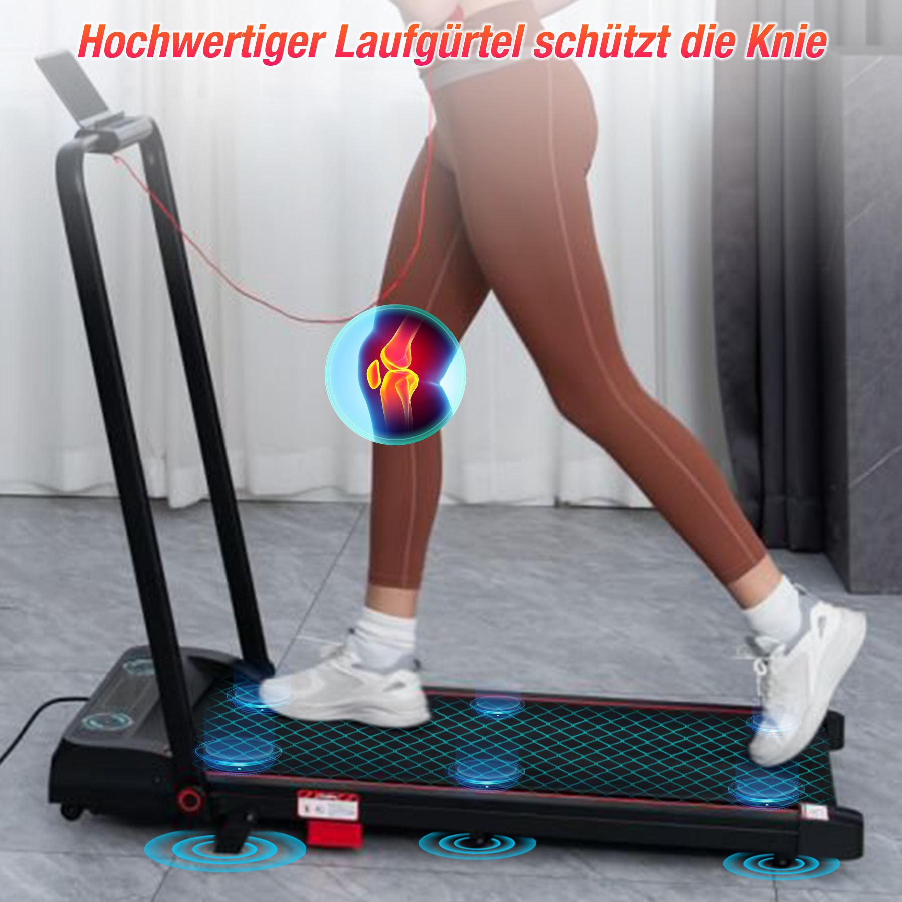 Person, die auf einem Laufband läuft. Rotes und schwarzes Laufband, Person mit brauner Hose und weißen Schuhen. Illustration eines Knies.