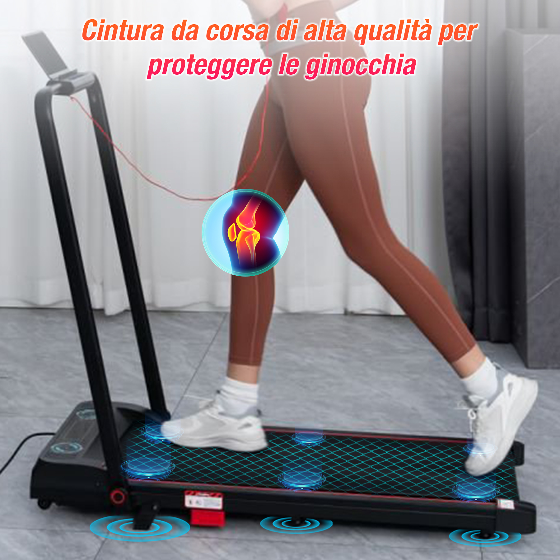 Persona che corre su un tapis roulant. Tapis roulant rosso e nero, persona con pantaloni marroni e scarpe bianche. Illustrazione di un ginocchio.
