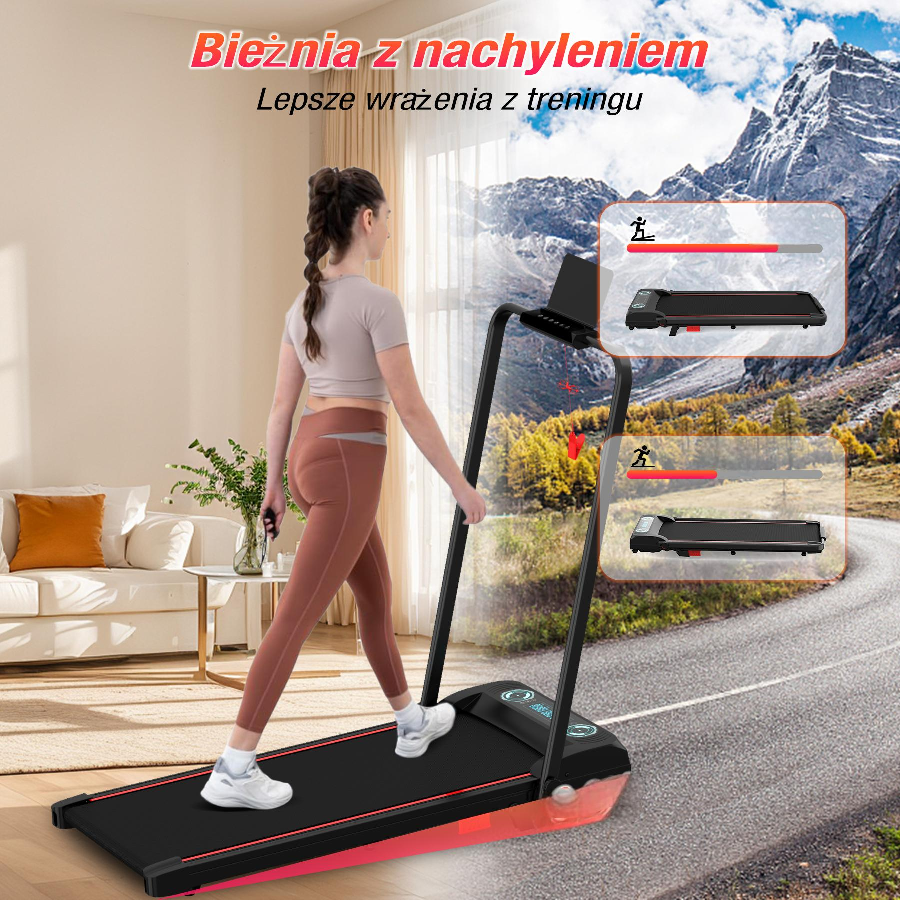 Kobieta idąca na bieżni ze wzniesieniem, z wyświetlaczem bieżni.