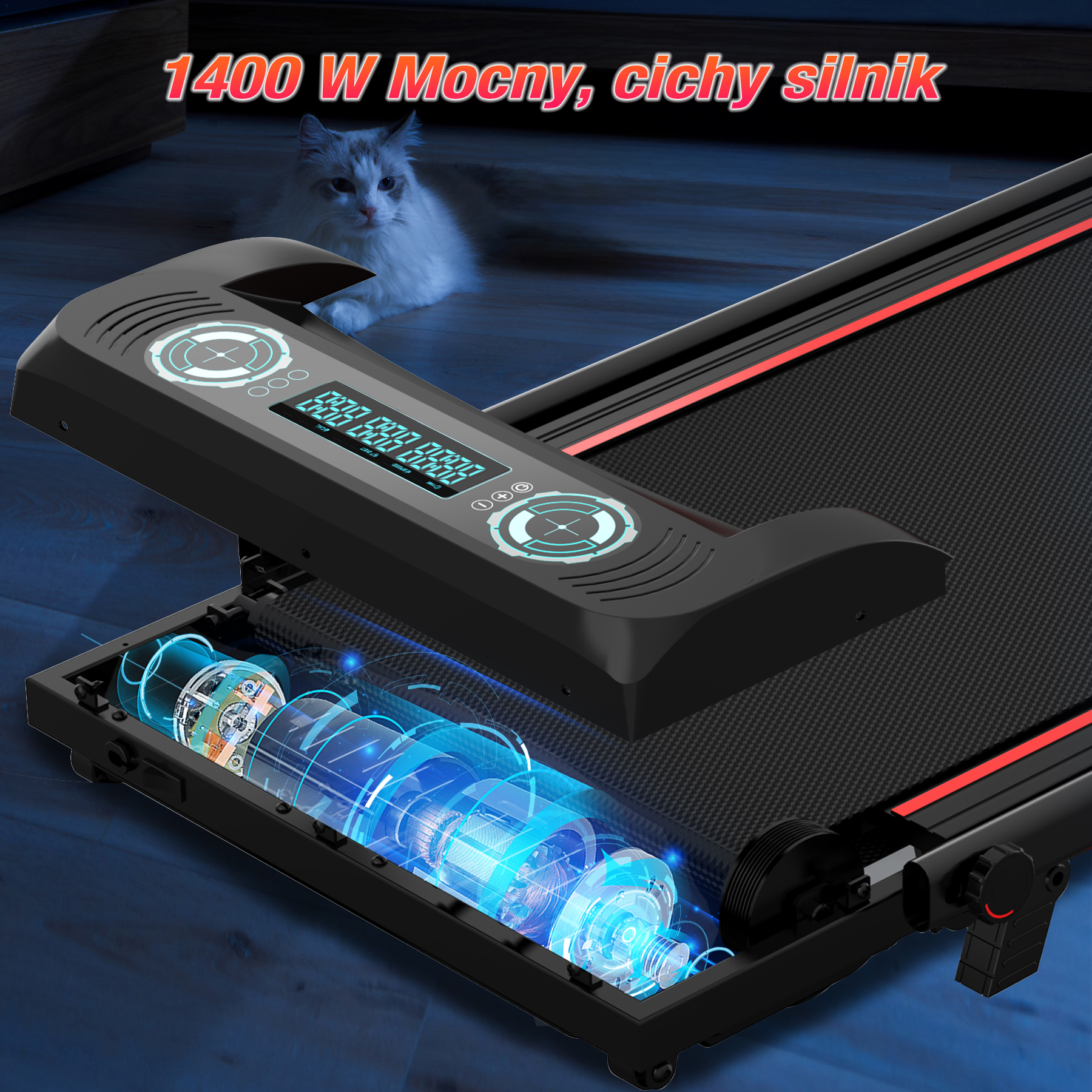Bieżnia z otwartym panelem pokazującym silnik i części, kot w tle. Bieżnia jest czarno-czerwona z cyfrowym wyświetlaczem.
