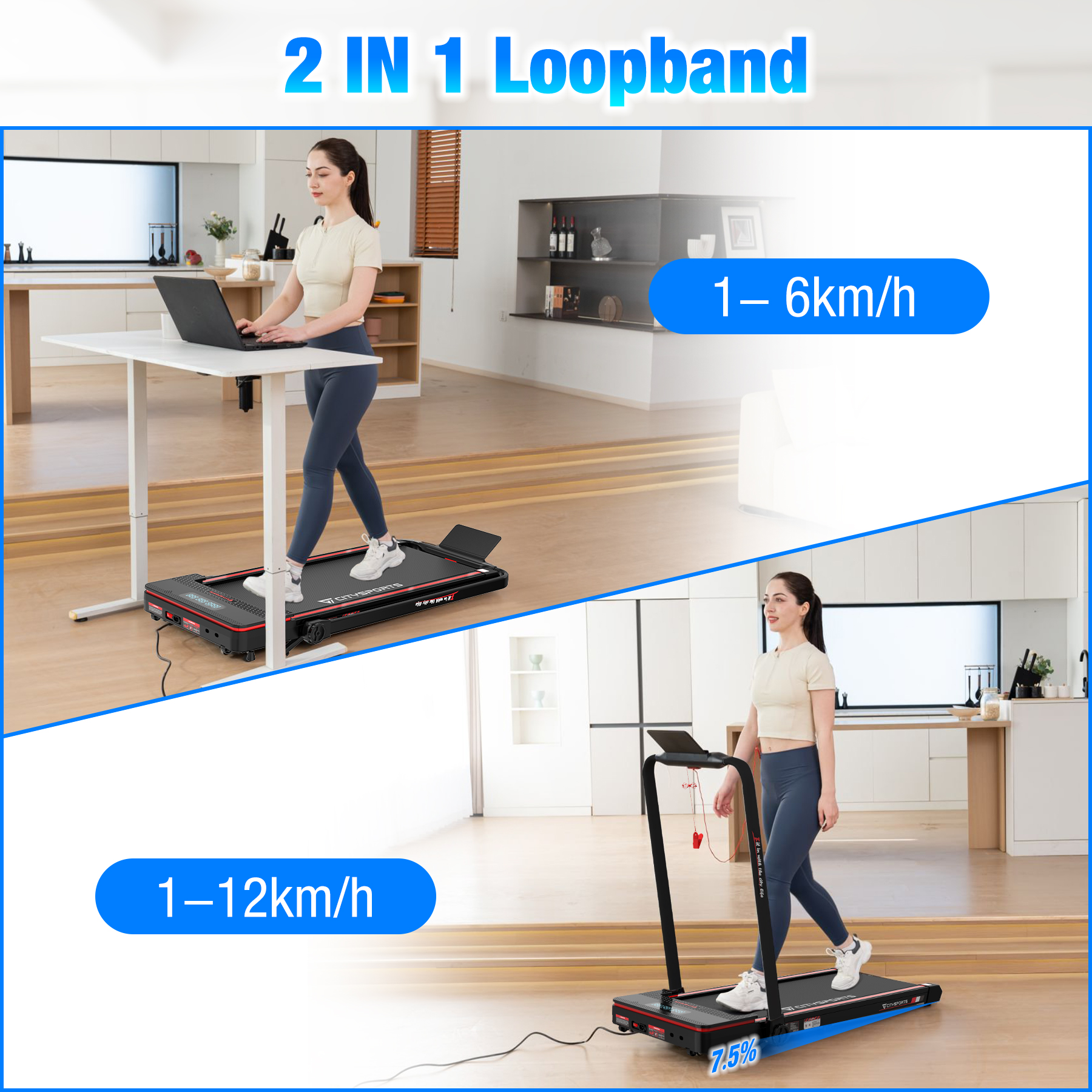 Vrouw die op een loopband loopt met een laptop op een staande bureau. Display toont snelheid en helling.