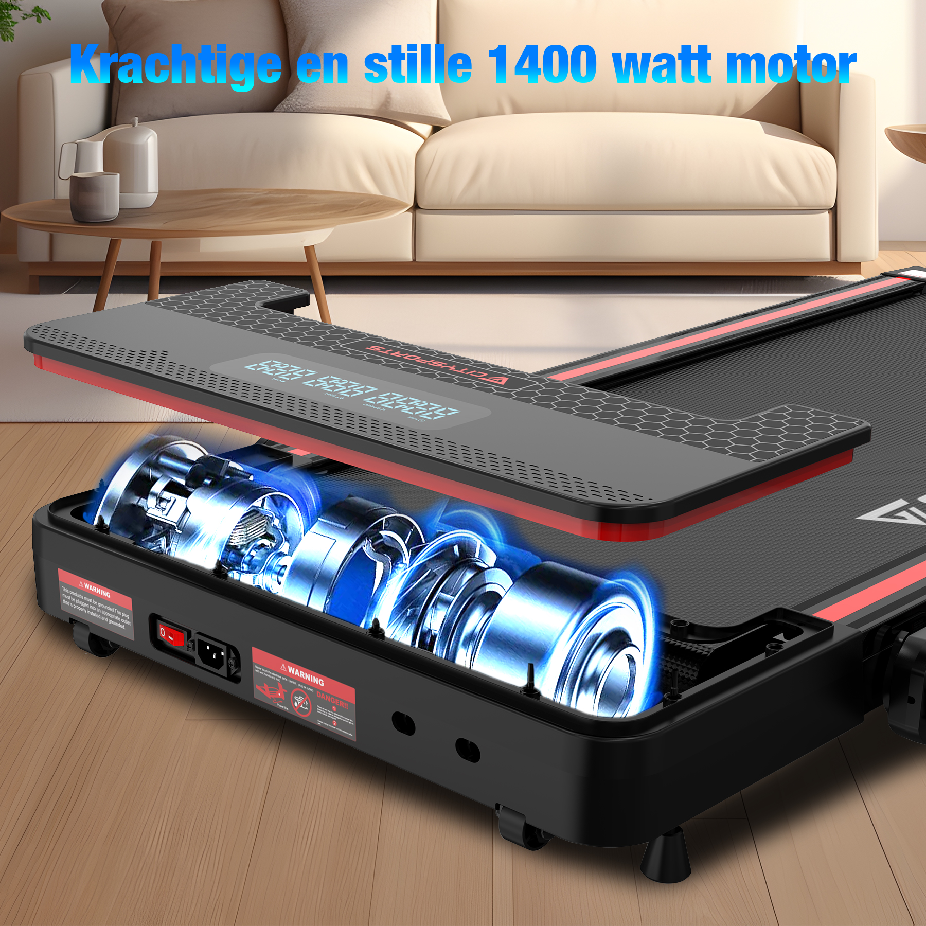 Binnenkant van een loopband met de motor en interne componenten. Blauwe verlichting.