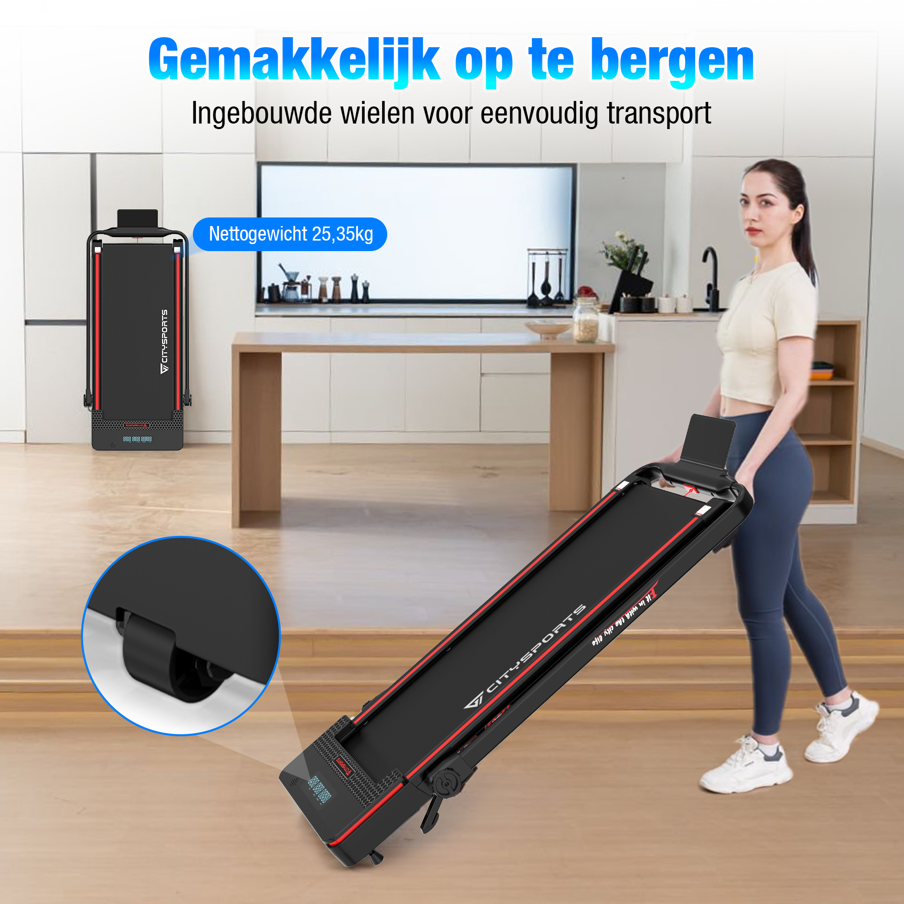 Vrouw draagt een zwarte loopband. Het heeft rode accenten. De tekst zegt dat het gemakkelijk op te bergen is en wielen heeft.