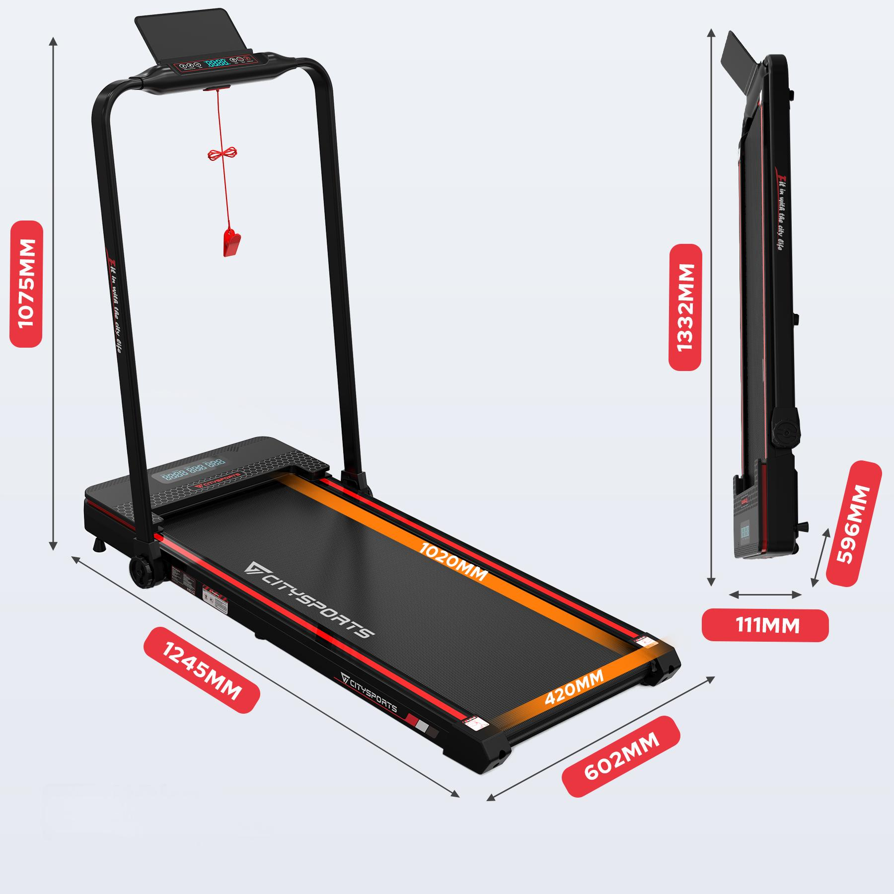 Bieżnia z pokazanymi wymiarami. Czarno-pomarańczowa. Składana konstrukcja. Wyświetlacz jest na górze.