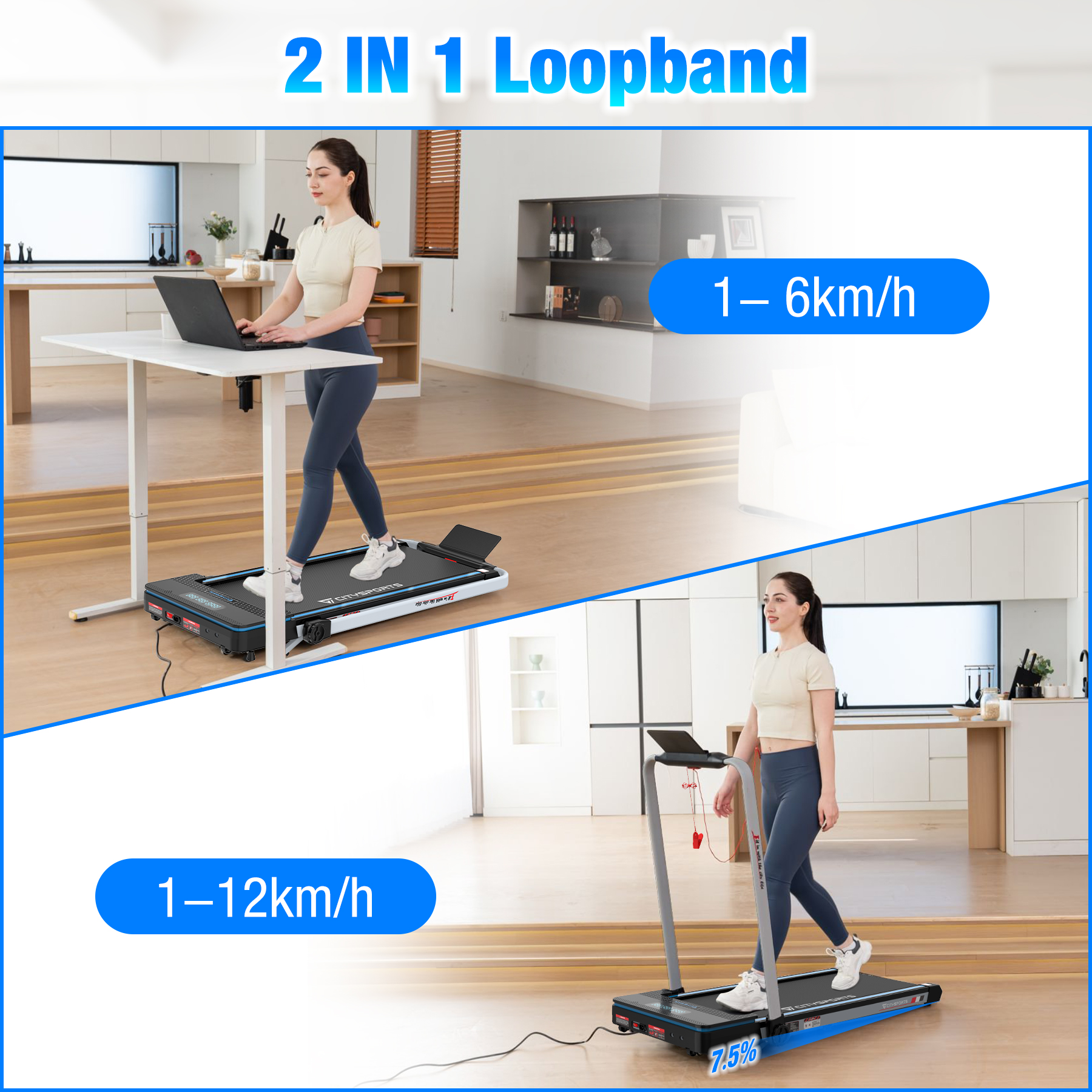Woman walking on a treadmill. The display shows the speed and incline. Another image shows her at a desk.