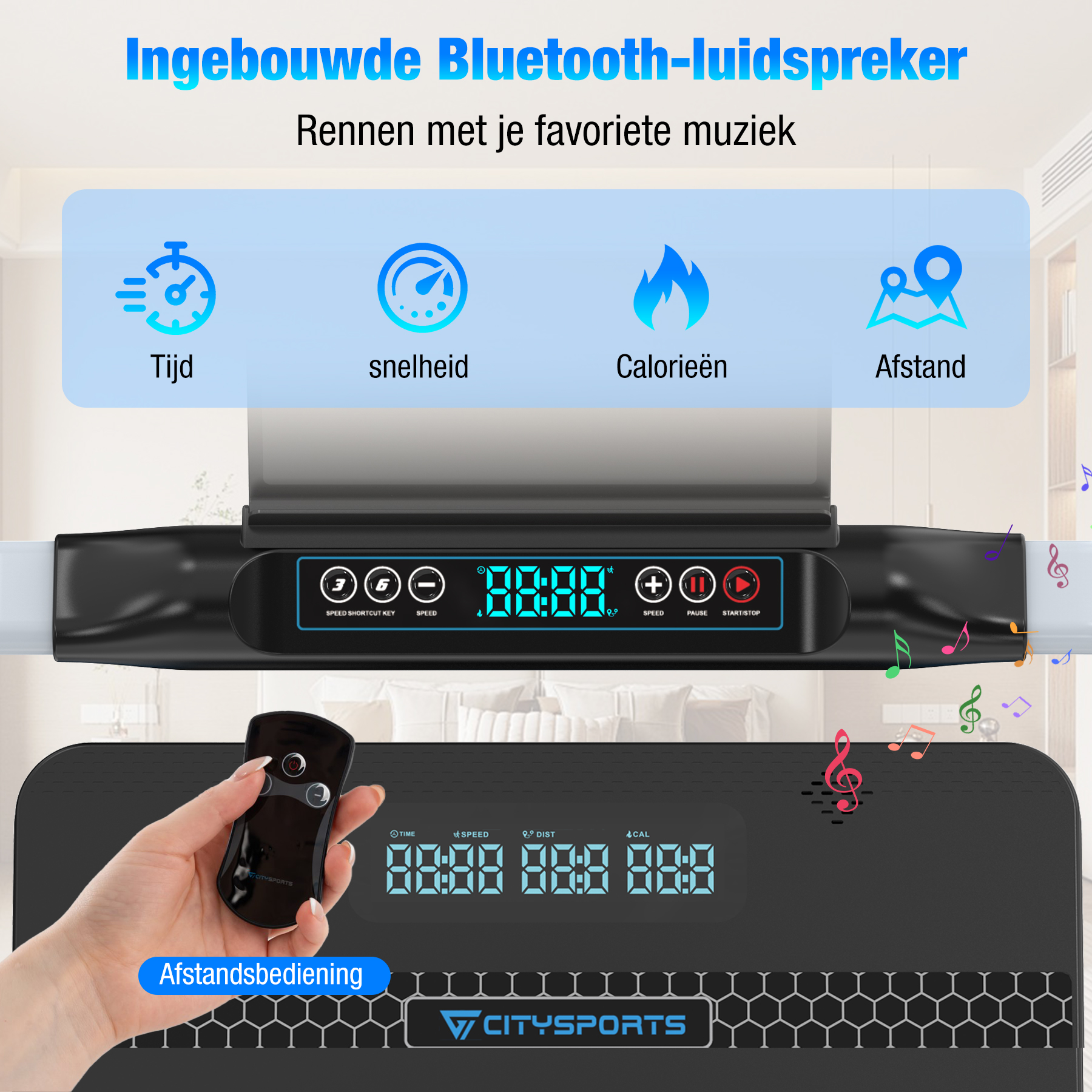 Close-up on a treadmill control panel with a remote. Displays time, speed, distance, and calories. Text says Bluetooth speaker.