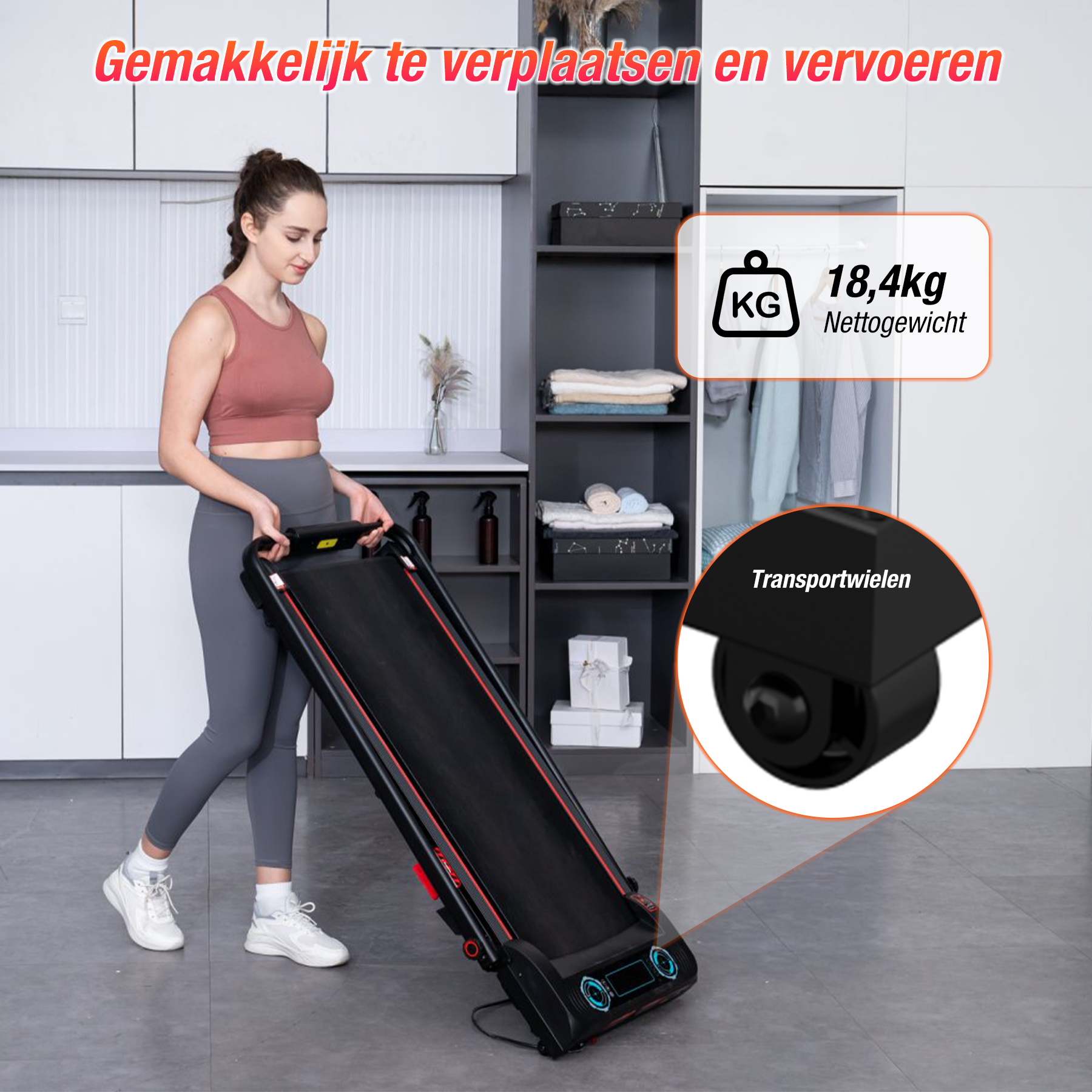 Woman carrying a folded treadmill. The treadmill is black and has red accents.