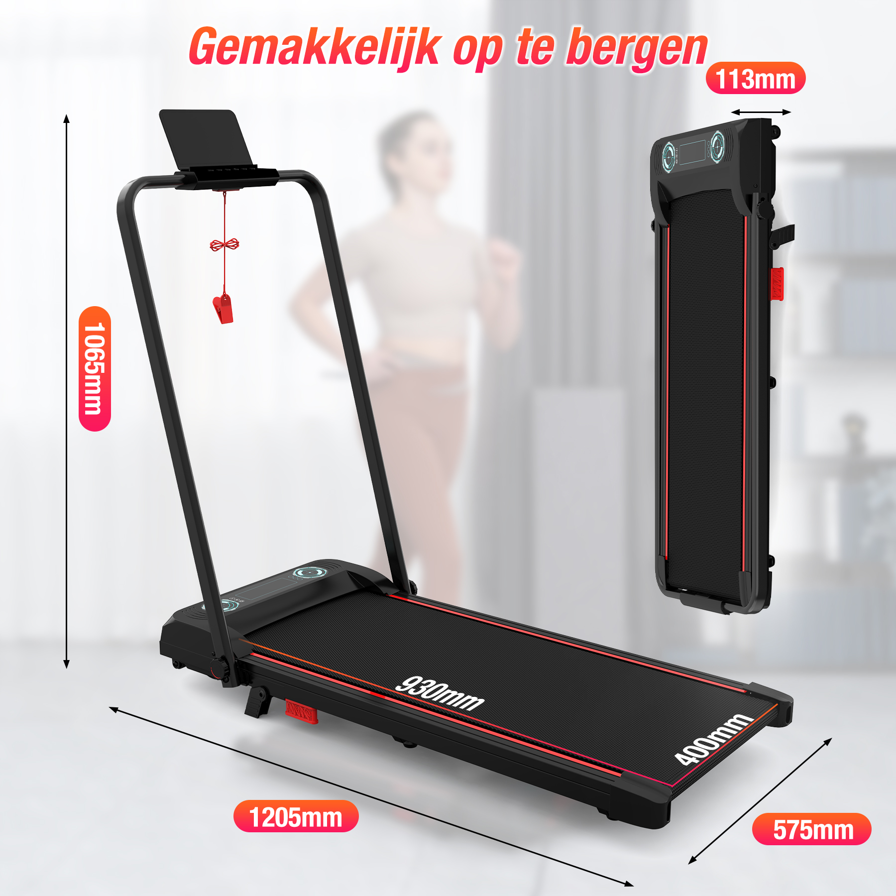 Foldable black treadmill with dimensions. Text 'Gemakkelijk op te bergen' is displayed on top.