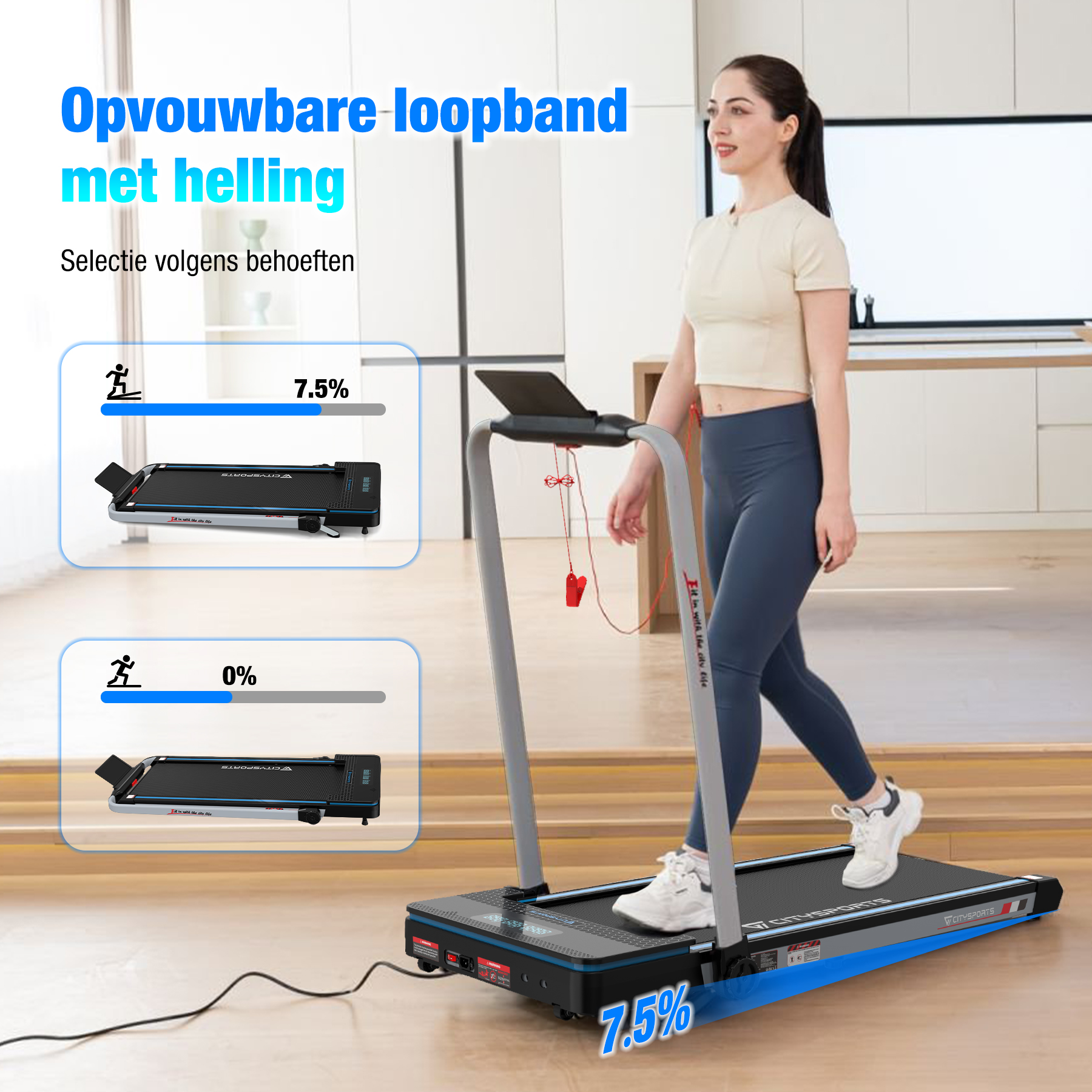 Woman walks on a treadmill. Shows incline options. Text says foldable treadmill with incline.