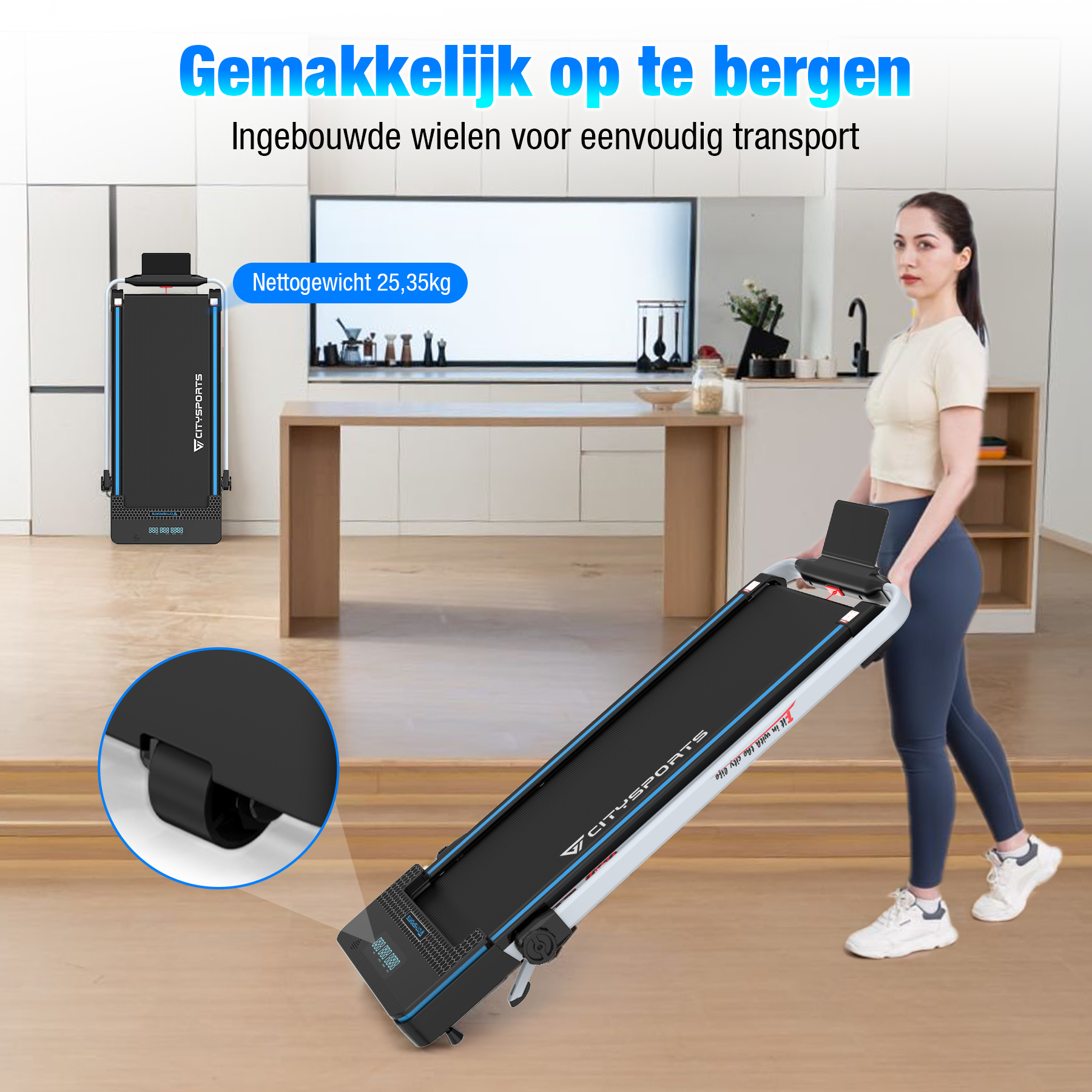 Woman carries a black treadmill. Text says easy to store, wheels for easy transport, and net weight 25.35kg.