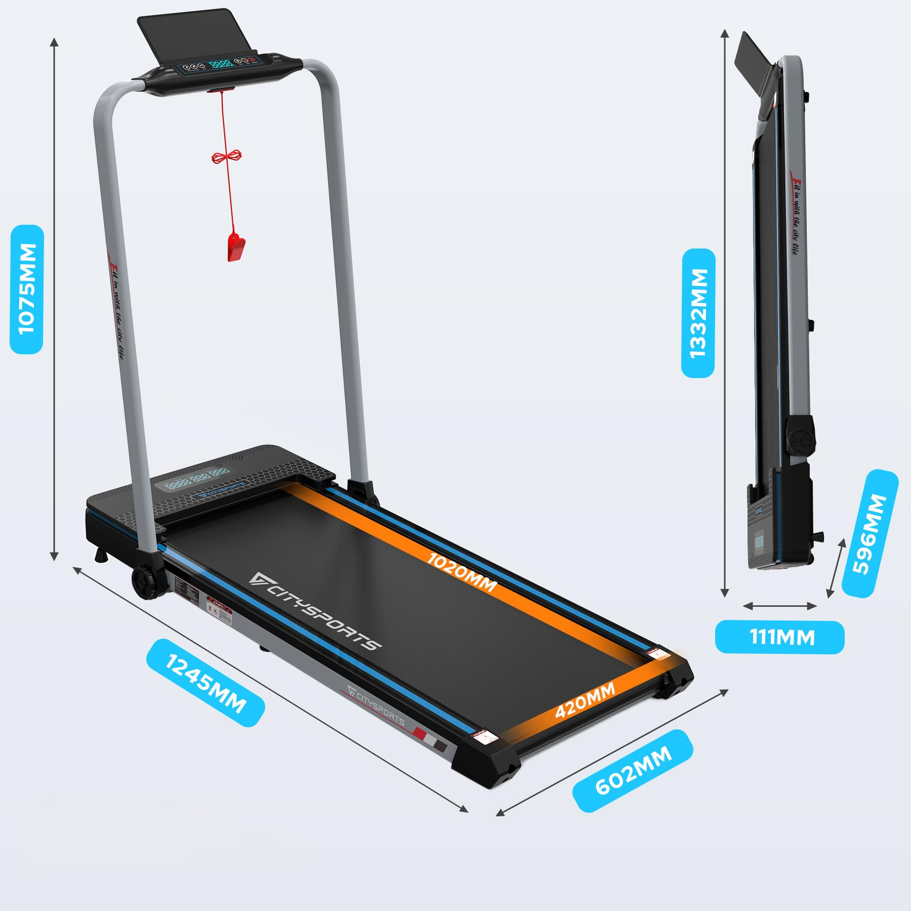 Bieżnia z wymiarami. Wyświetla długość, szerokość i wysokość. Jest czarna z pomarańczowymi i niebieskimi akcentami. Pokazano model złożony.