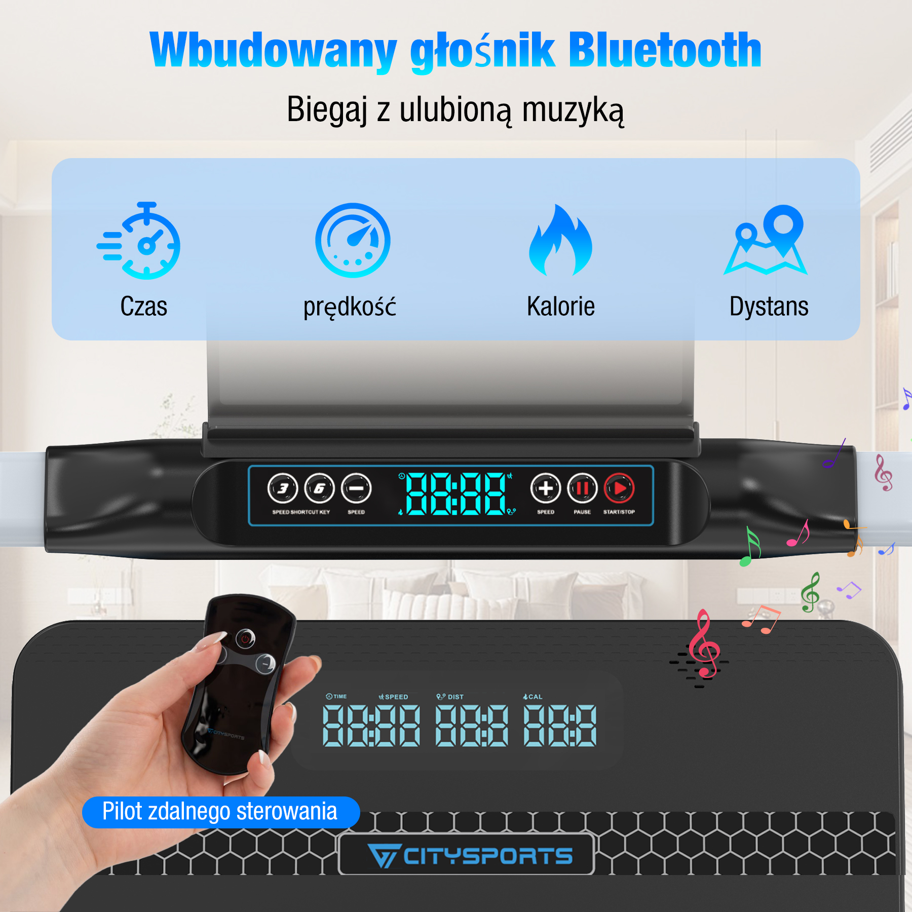 Zbliżenie ekranu bieżni, z czasem, prędkością, kaloriami, dystansem. Pilot w dłoni. Tekst: Głośnik Bluetooth.