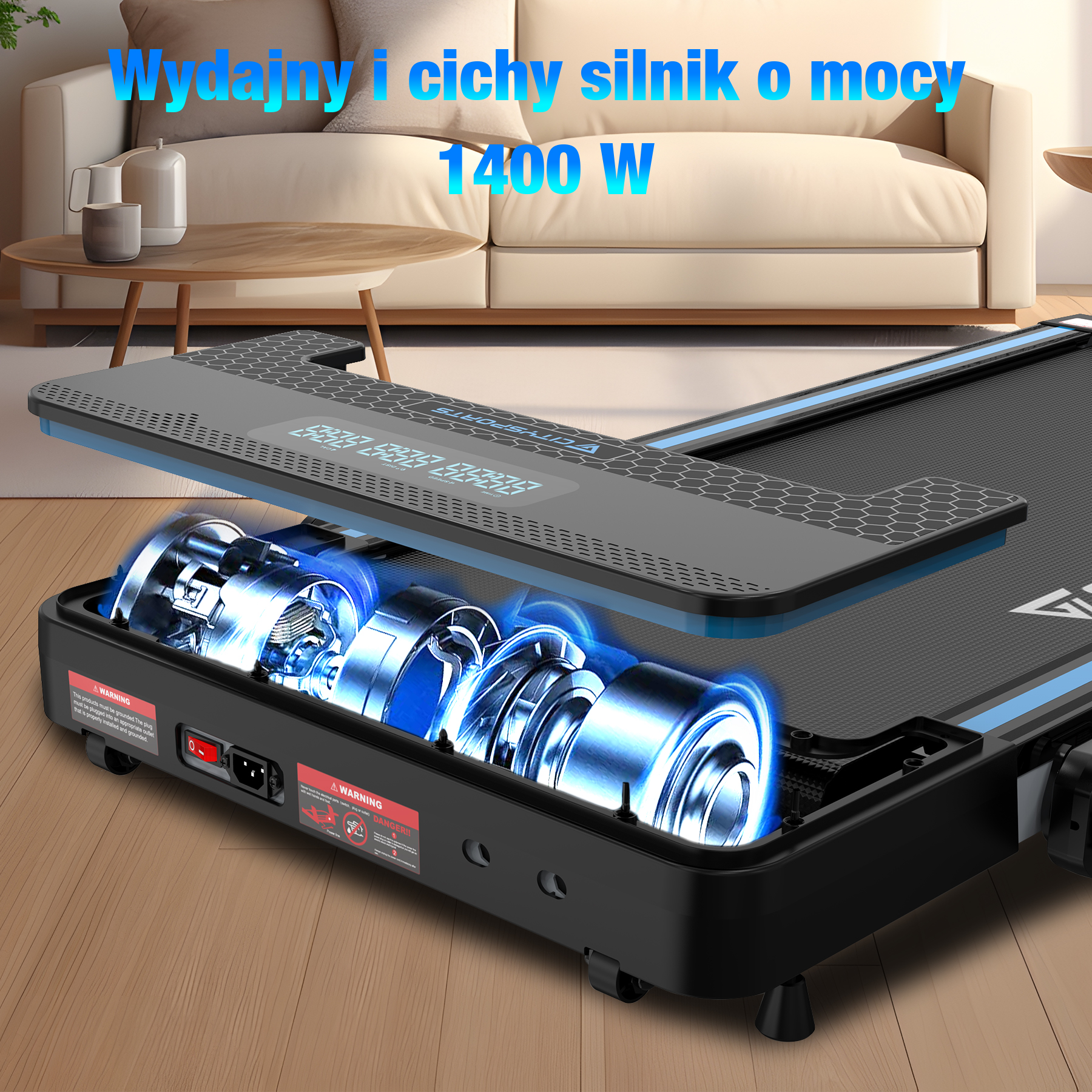 Zbliżenie silnika bieżni. Tekst: Wydajny i cichy silnik o mocy 1400 W. Części silnika są podświetlone.