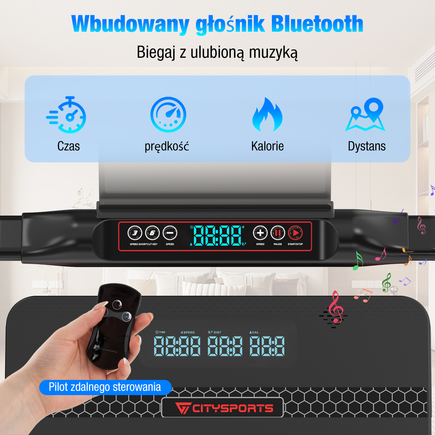 Zbliżenie ekranu bieżni, z czasem, prędkością, kaloriami, dystansem. Pilot w dłoni. Tekst: Głośnik Bluetooth.