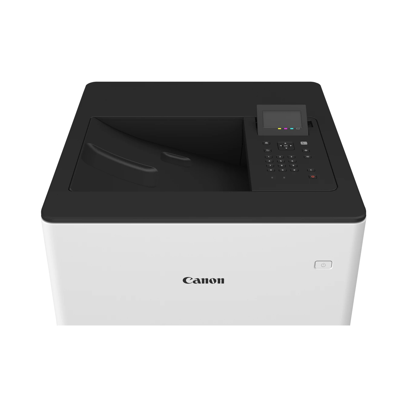 Impresora blanca con tapa negra, logo Canon y panel de control. Botón de encendido a la derecha.