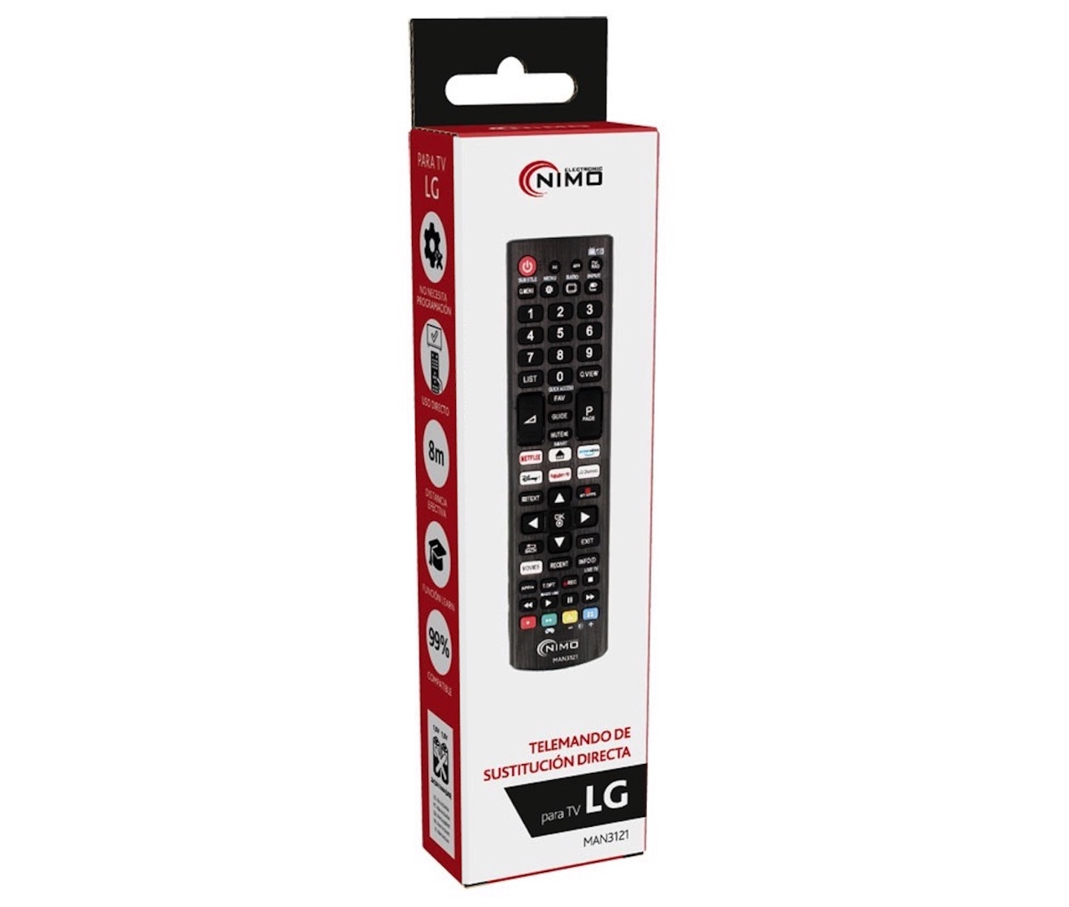 Una caja rectangular para un mando a distancia de TV LG, con una imagen del mando en la parte delantera.