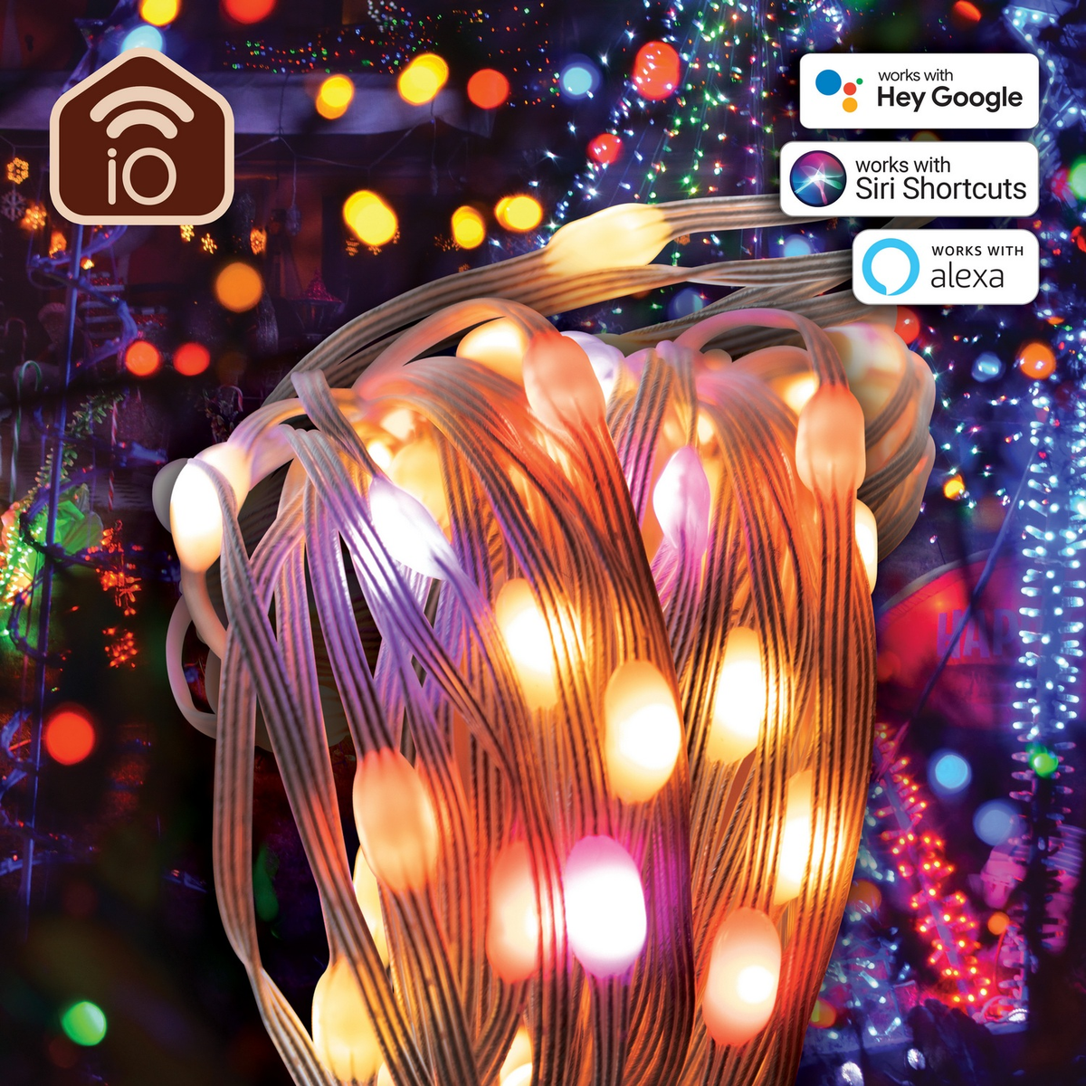 Una cadena de luces LED con luces coloridas sobre un fondo oscuro, con símbolos de integración para el hogar inteligente.