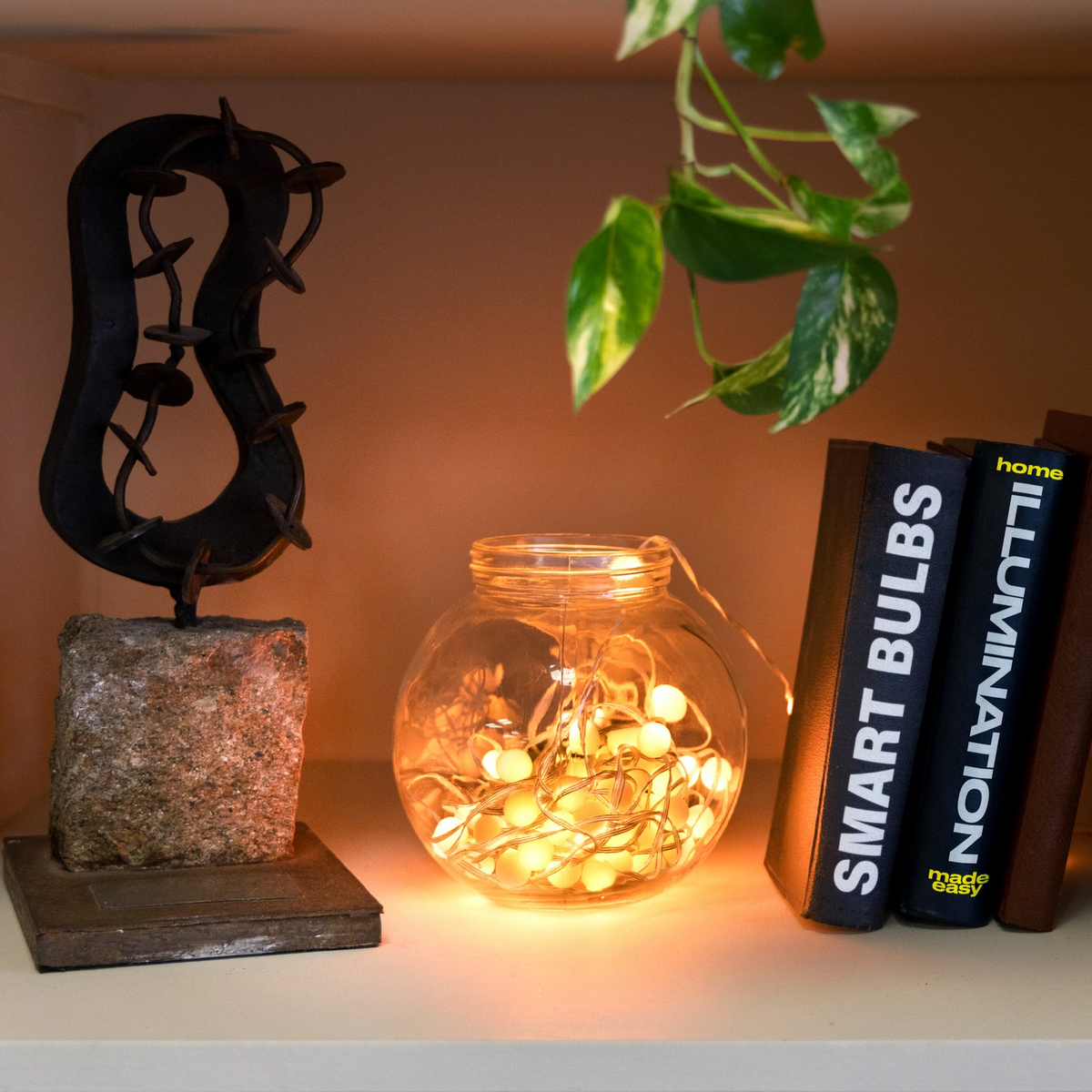 Scaffalatura con arte e luci. Un barattolo con luci e due libri sono visibili.