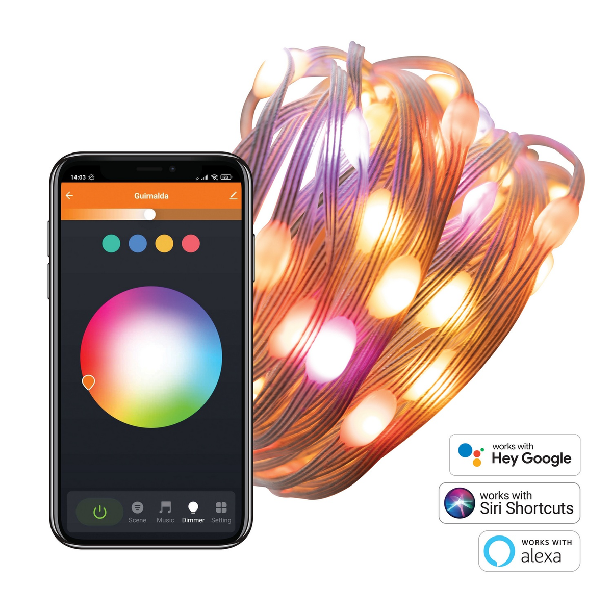 Un teléfono inteligente que muestra una cadena de luces coloridas y opciones de control. El texto dice: Hey Google, Siri Shortcuts y Alexa.