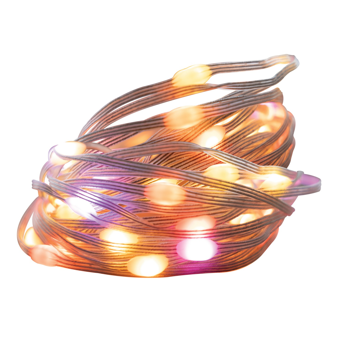 Una tira de luces con cable trenzado y esferas iluminadas en tonos cálidos y fríos.