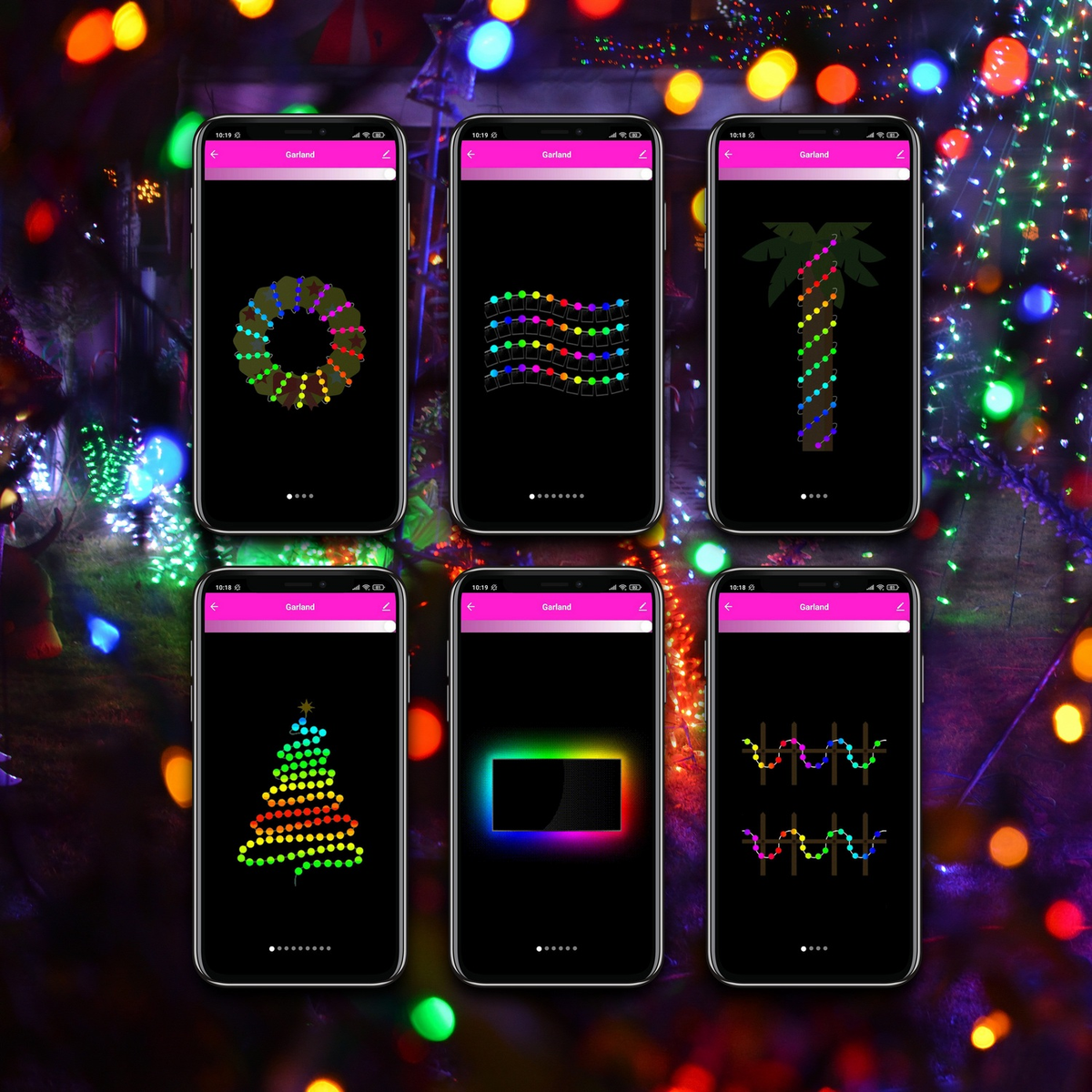 Seis teléfonos inteligentes que muestran varios patrones de luces coloridas, dispuestos sobre un fondo borroso.