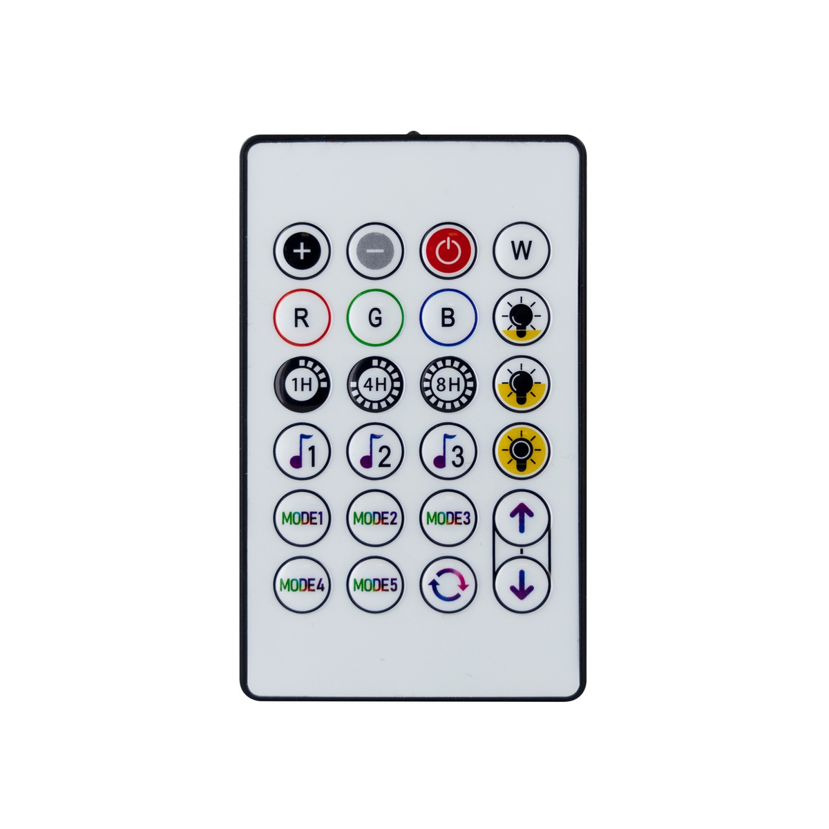 Un control remoto blanco con múltiples botones, incluyendo encendido, color y selección de modo.