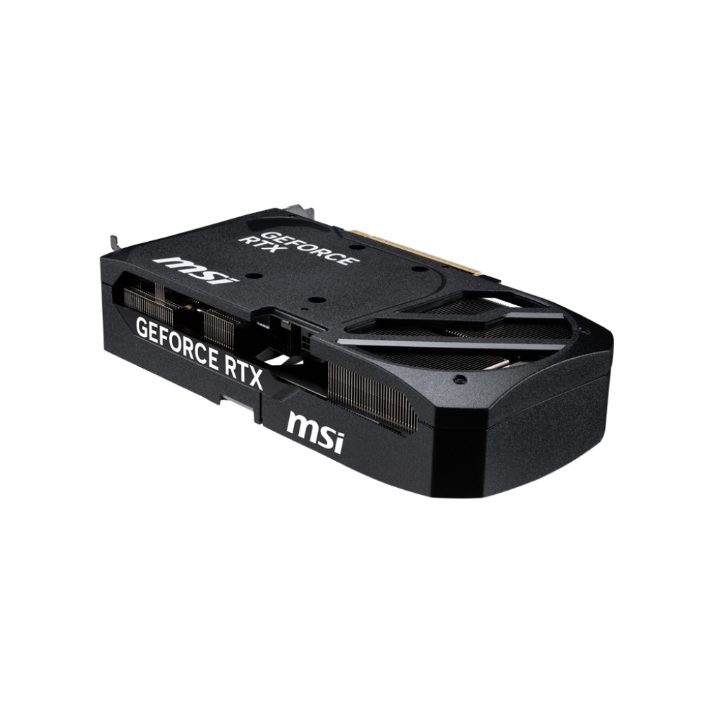 Czarna karta graficzna MSI GeForce RTX na białym tle. Karta jest pod kątem, widać szczegóły.