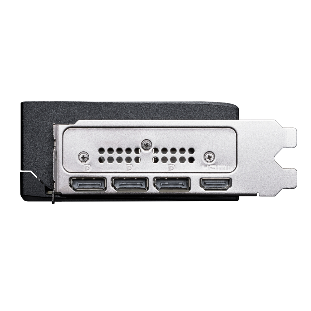 Zbliżenie wyjść karty graficznej. Widoczne porty HDMI i DisplayPort.