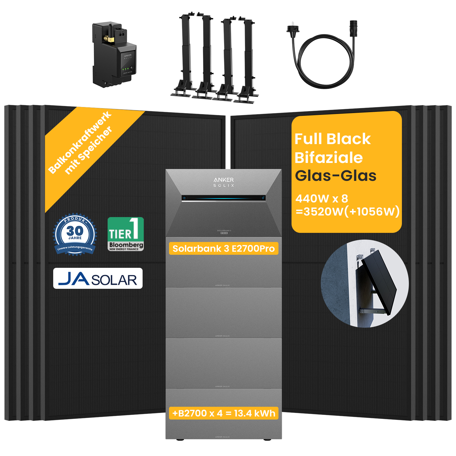 Ein Solaranlagen-System auf weißem Hintergrund. Enthält Paneele, eine Batterie und Komponenten.