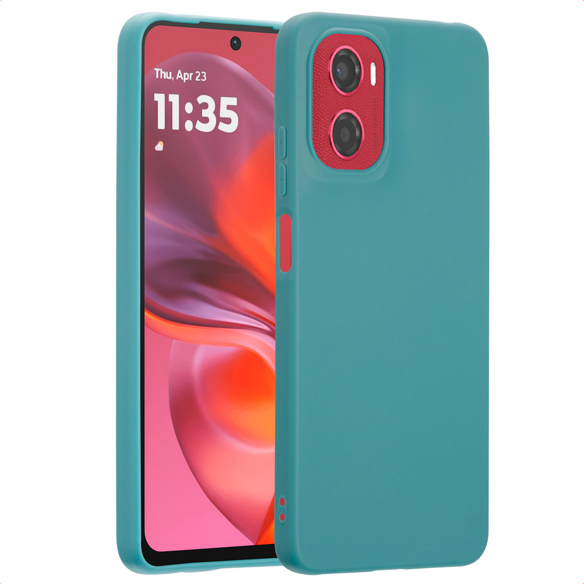 Un téléphone sarcelle dans un étui, vue en angle, montrant la caméra.