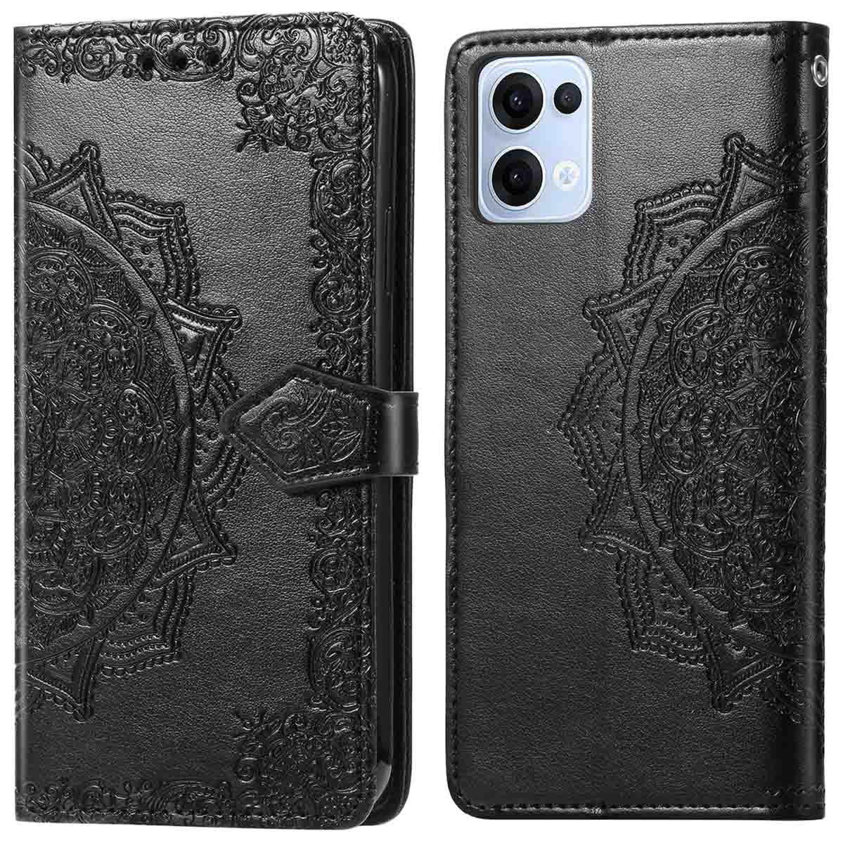 Étui de téléphone en cuir noir, motif floral en relief, fermeture à rabat, ouvert pour révéler le téléphone.