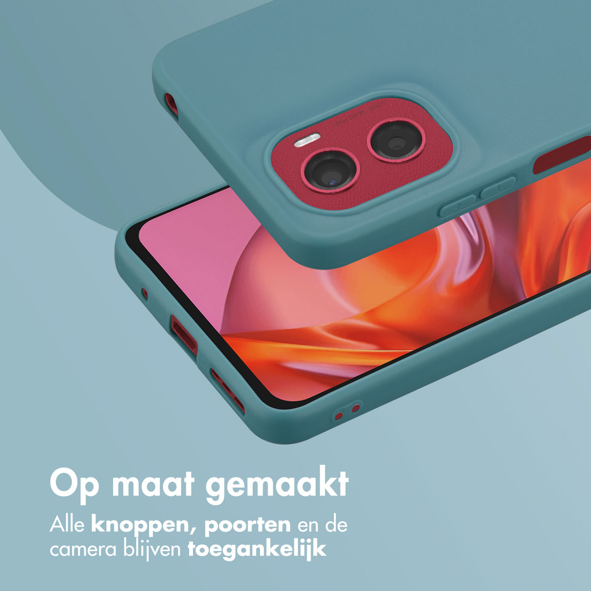 Coque de téléphone avec des accents bleus et rouges. Texte néerlandais : Fabriqué sur mesure, tous les boutons et ports restent accessibles.