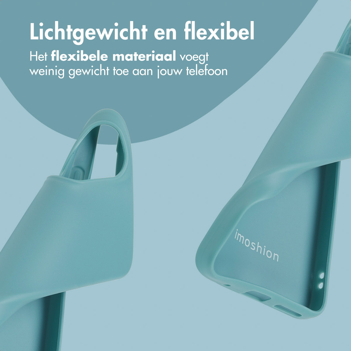 Deux coques de téléphone turquoise. Texte : Léger et flexible.