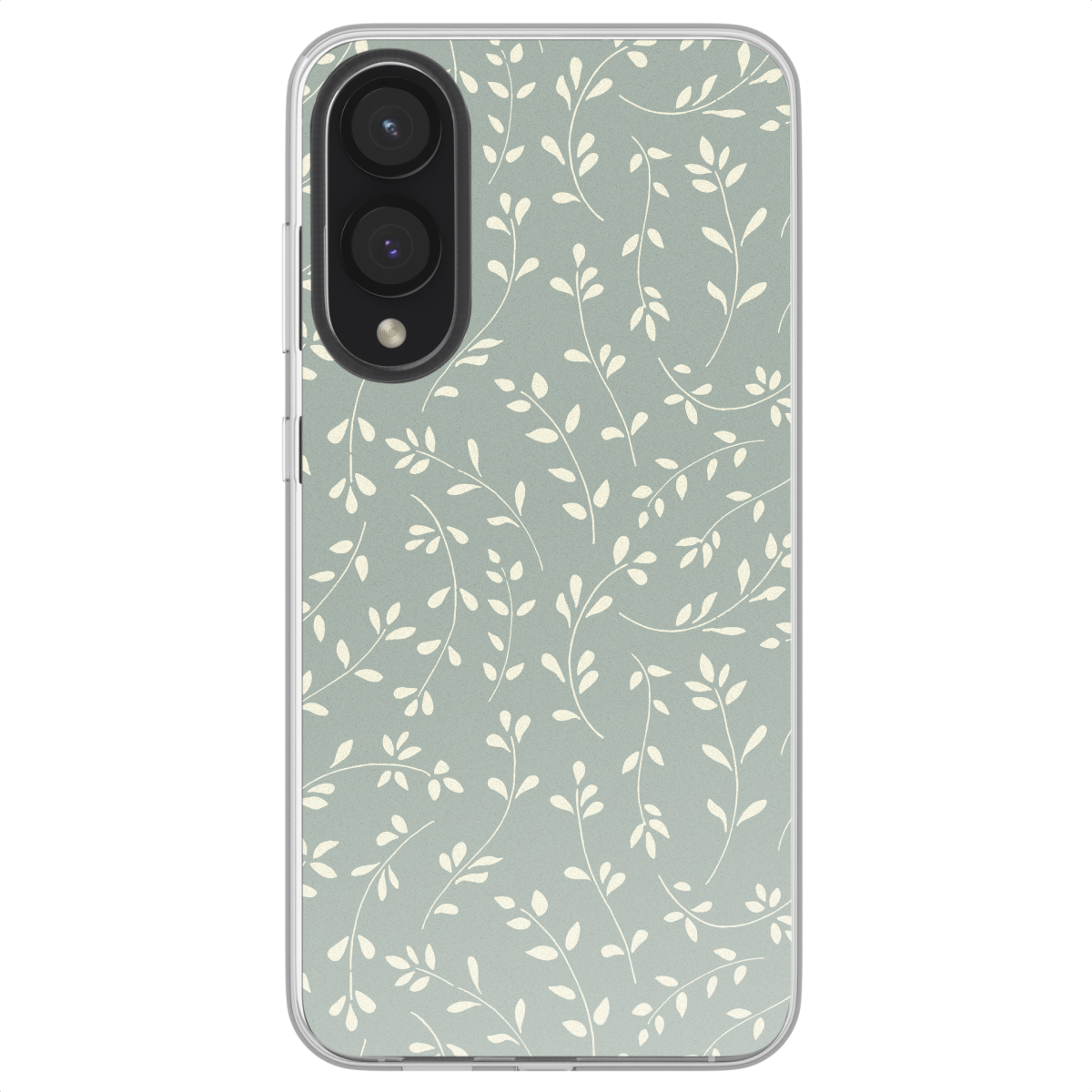 Telefoonhoesje met groen bladerpatroon.
