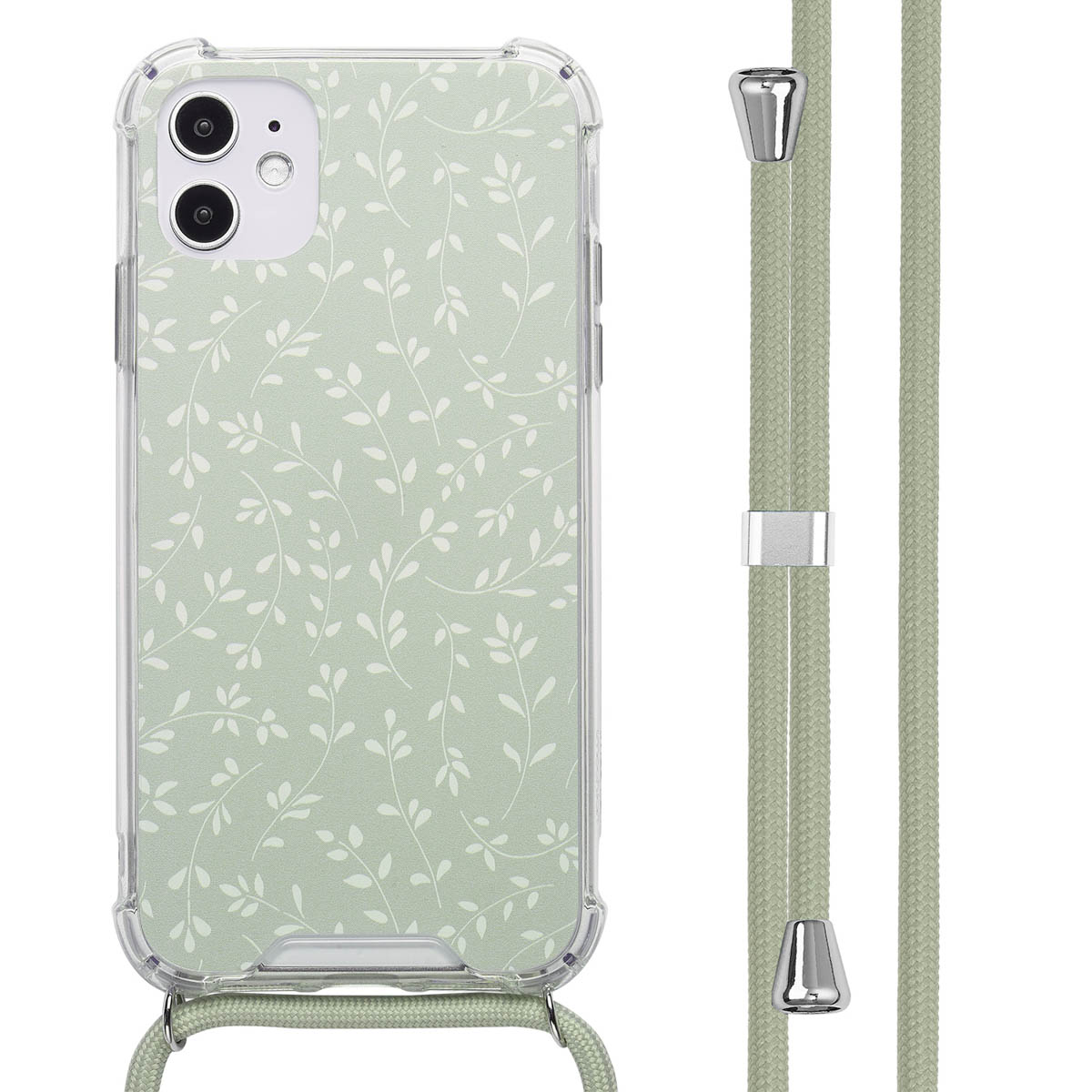Coque avec motif feuilles vertes et lanière verte.