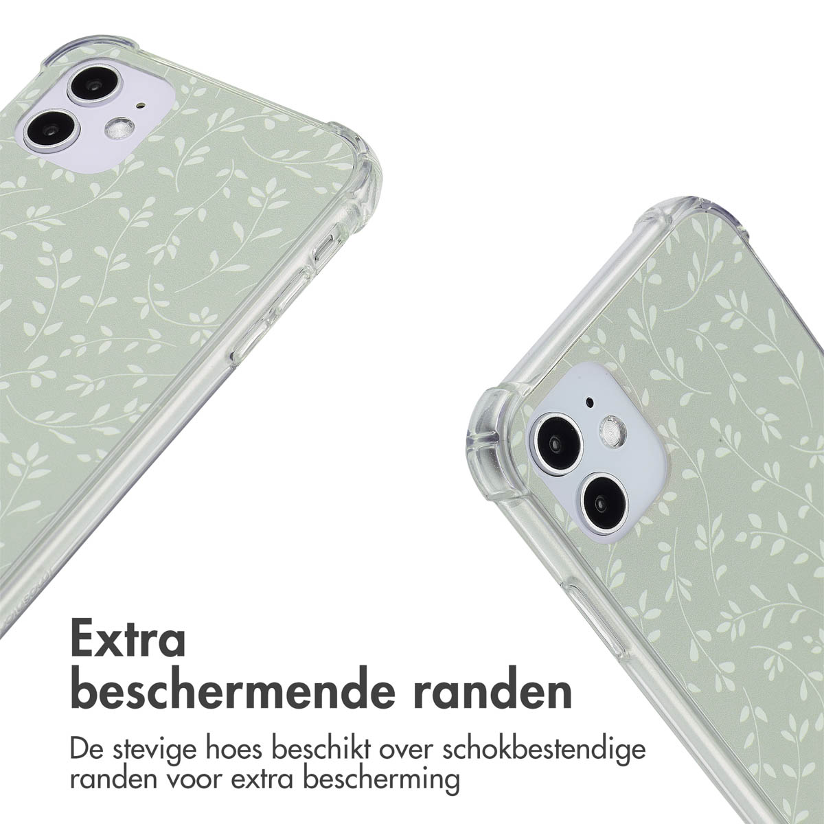 Deux étuis de téléphone avec motif floral vert, bords clairs. Texte : bords de protection supplémentaires.
